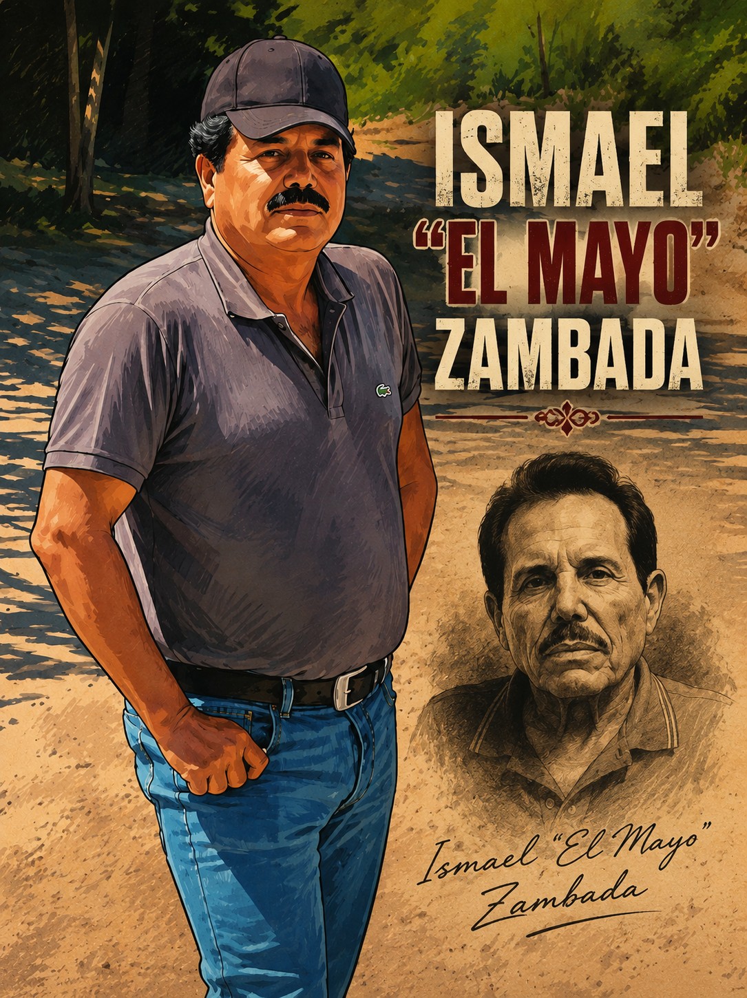 Editorial illustration labeled Ismael El Mayo Zambada.
