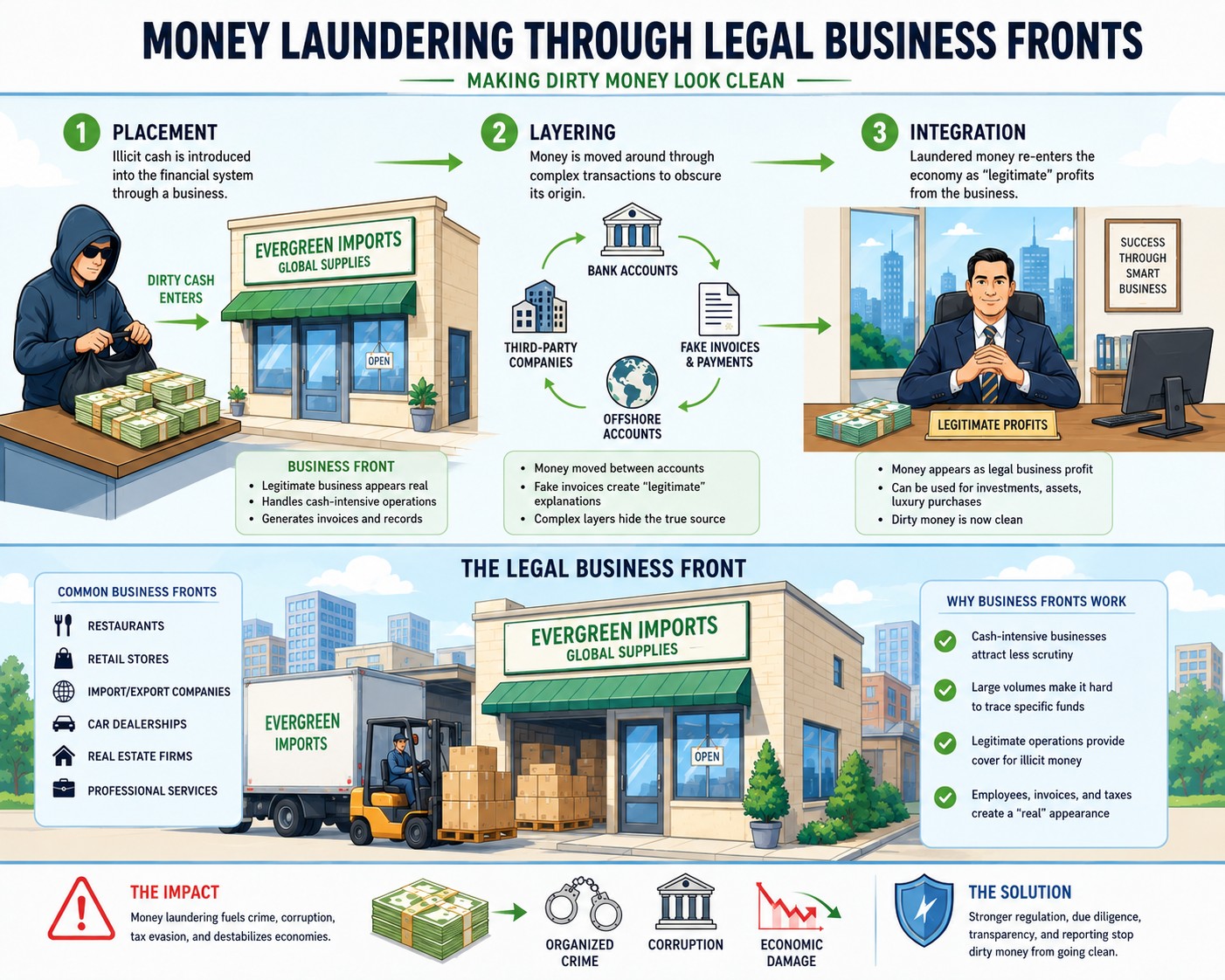 Infographic explaining money laundering through legal business fronts.