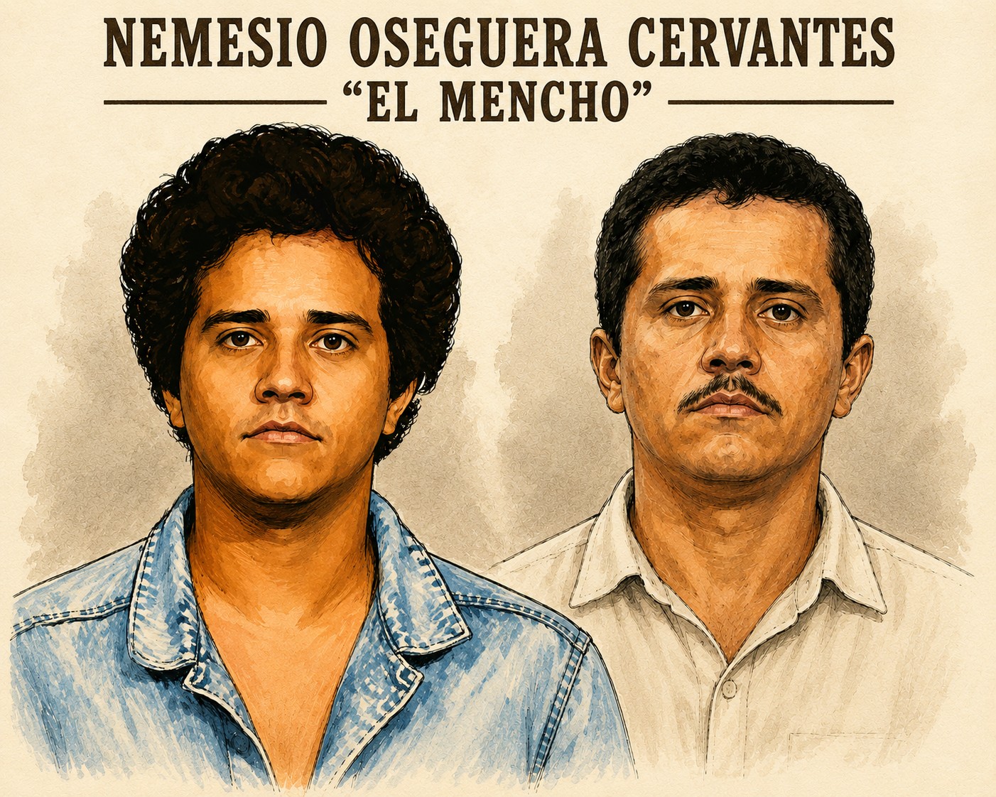 Editorial portrait illustration of Nemesio Oseguera Cervantes El Mencho.