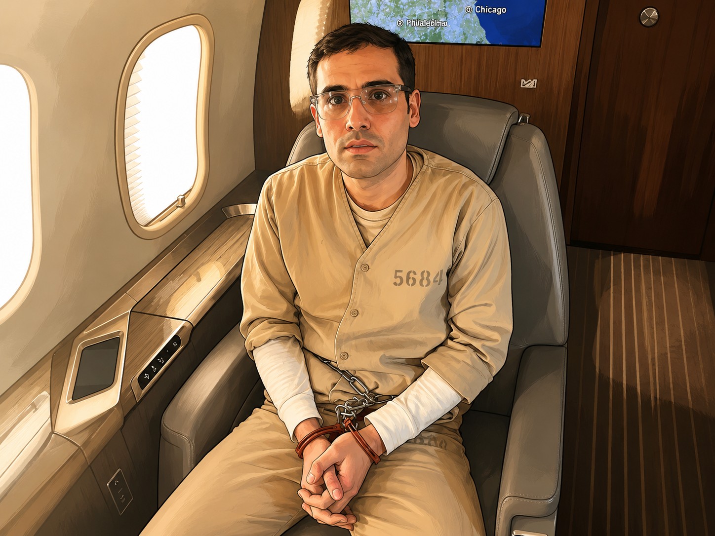 Unlabeled editorial illustration of a detained man aboard an aircraft.