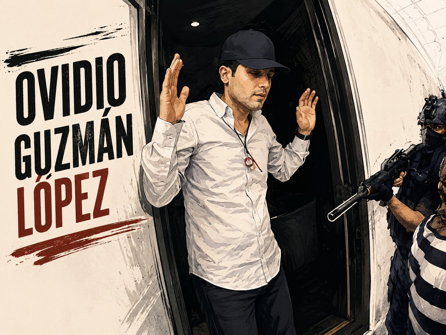 Editorial illustration labeled Ovidio Guzman Lopez at an aircraft doorway.