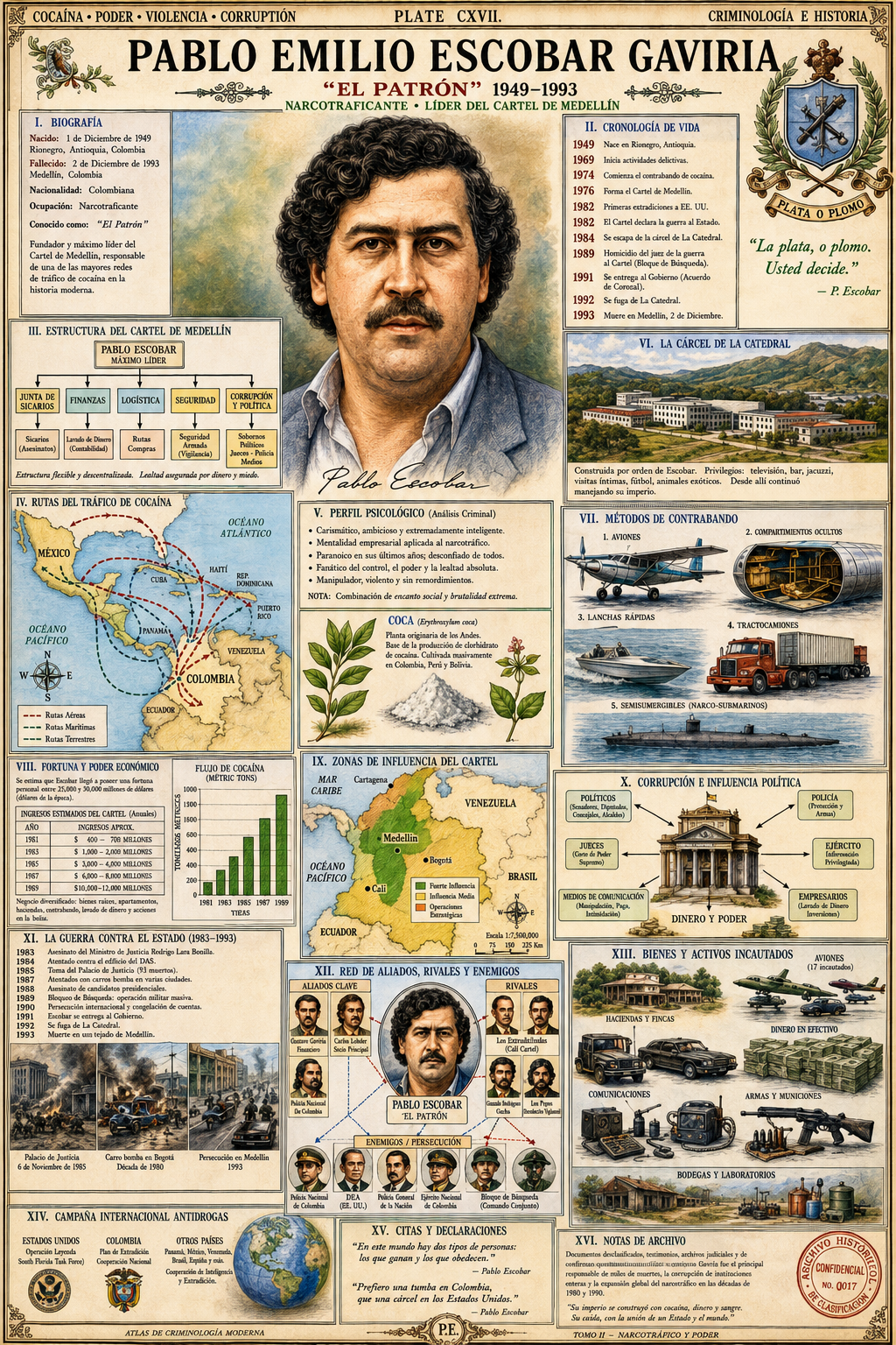 Illustrated archival-style plate summarizing Pablo Escobar, the Medellin Cartel, trafficking routes, political influence, assets, and chronology.