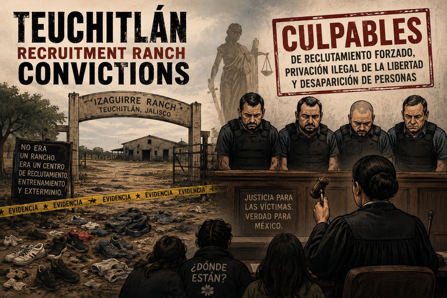 Editorial illustration of Teuchitlan recruitment ranch convictions.