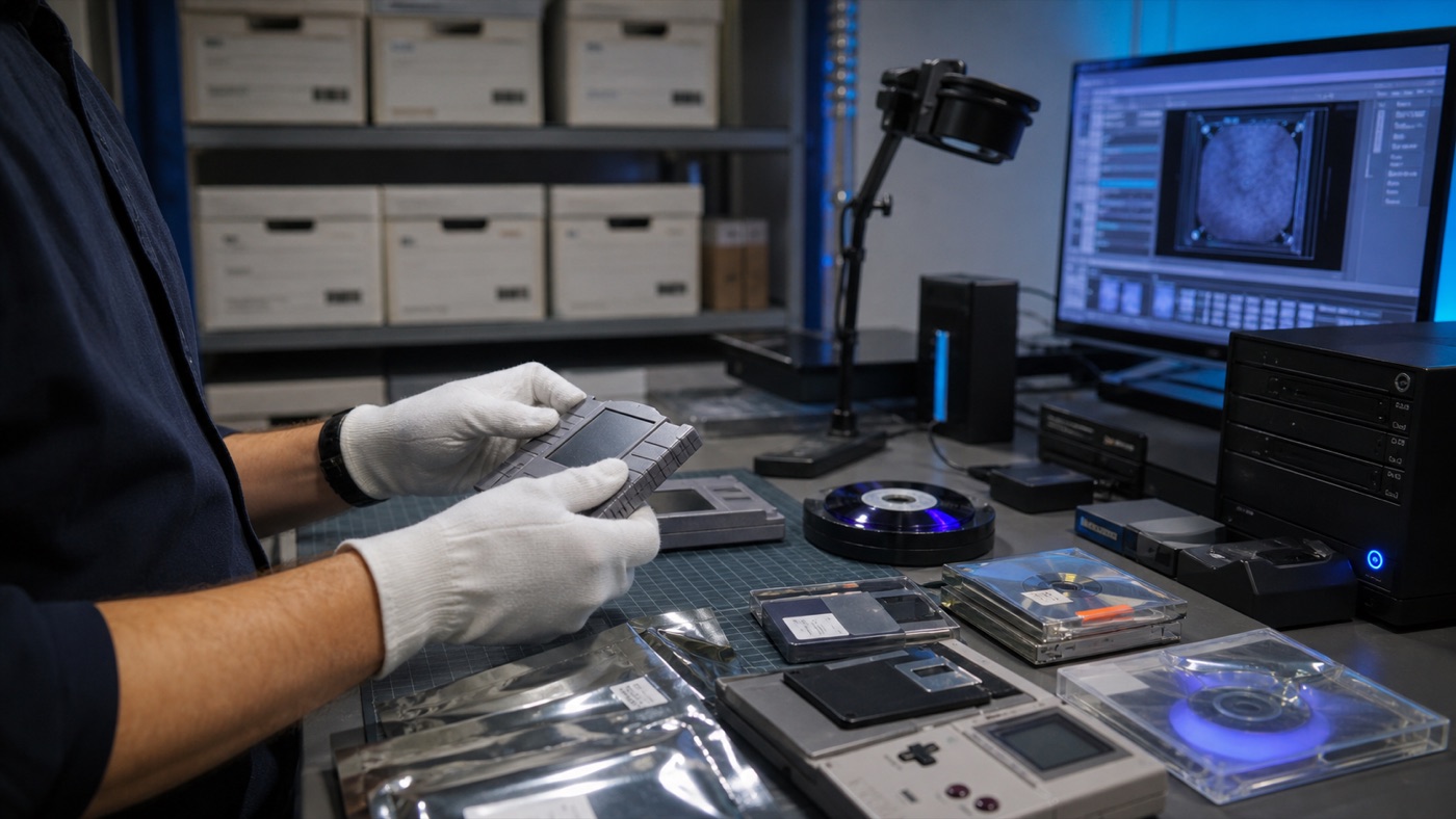 Image of a digital preservation workbench with old game media, archival boxes, and a modern workstation