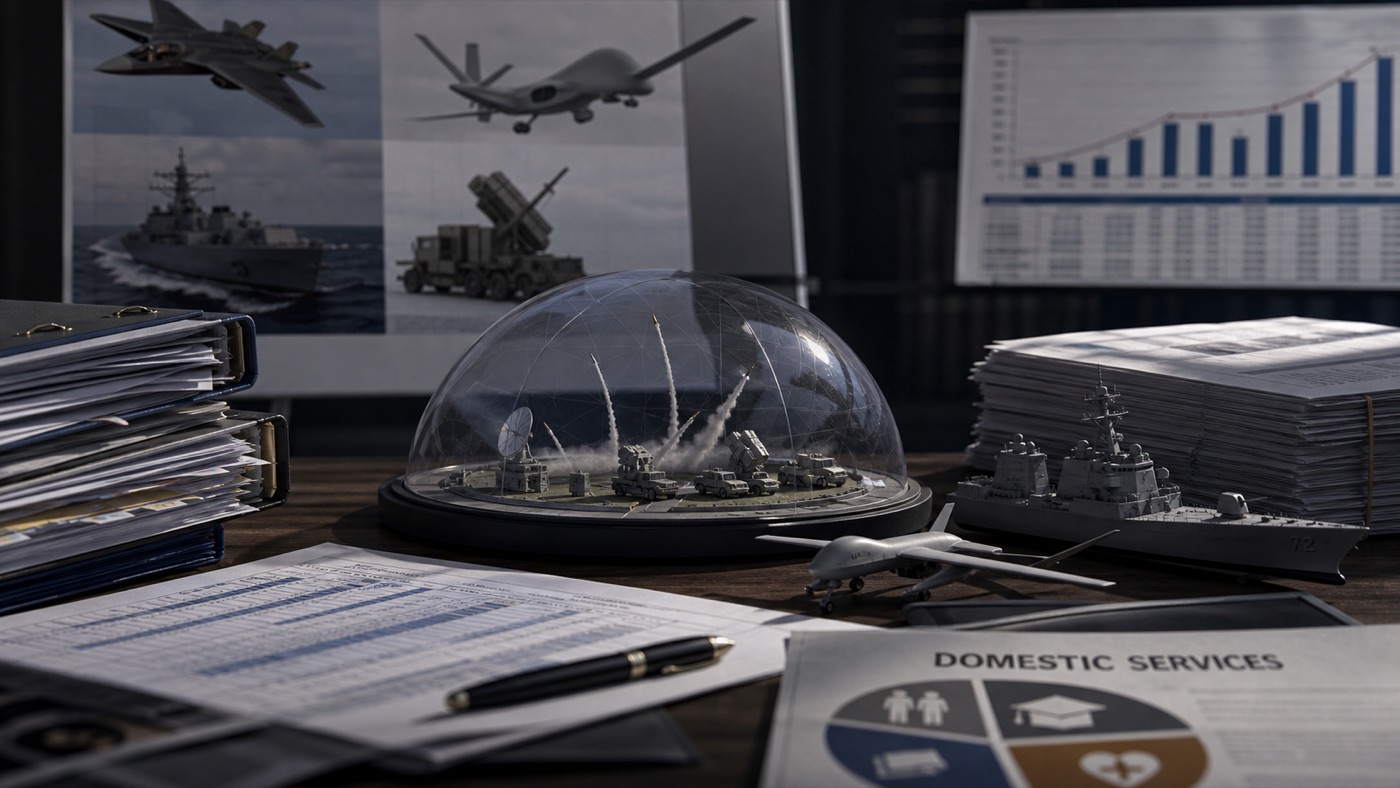Defense budget binders, appropriations papers, and military system models on a table.