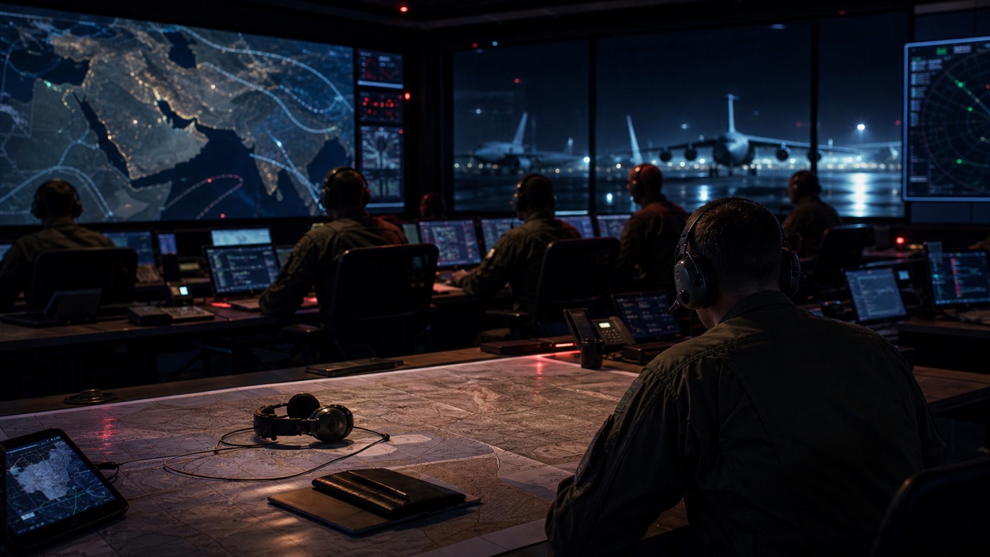 Nighttime military operations room with maps, operators, and aircraft silhouettes.
