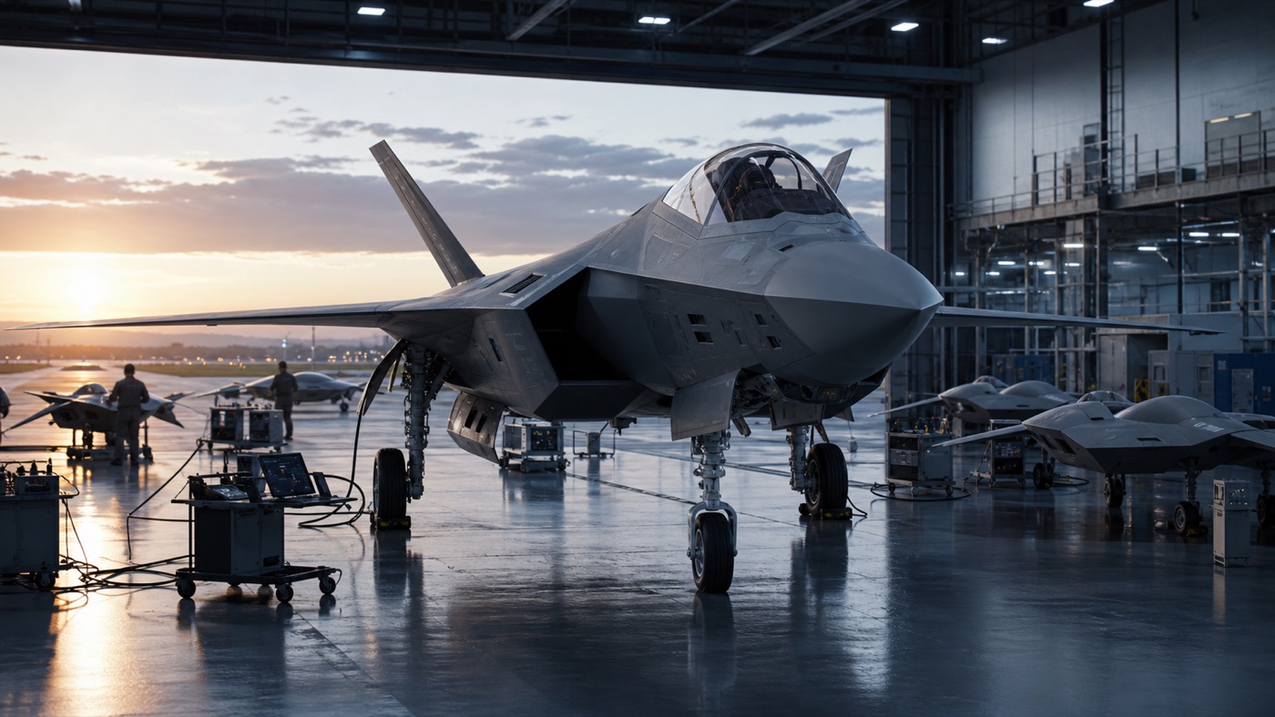 Advanced stealth aircraft prototype in a maintenance hangar.