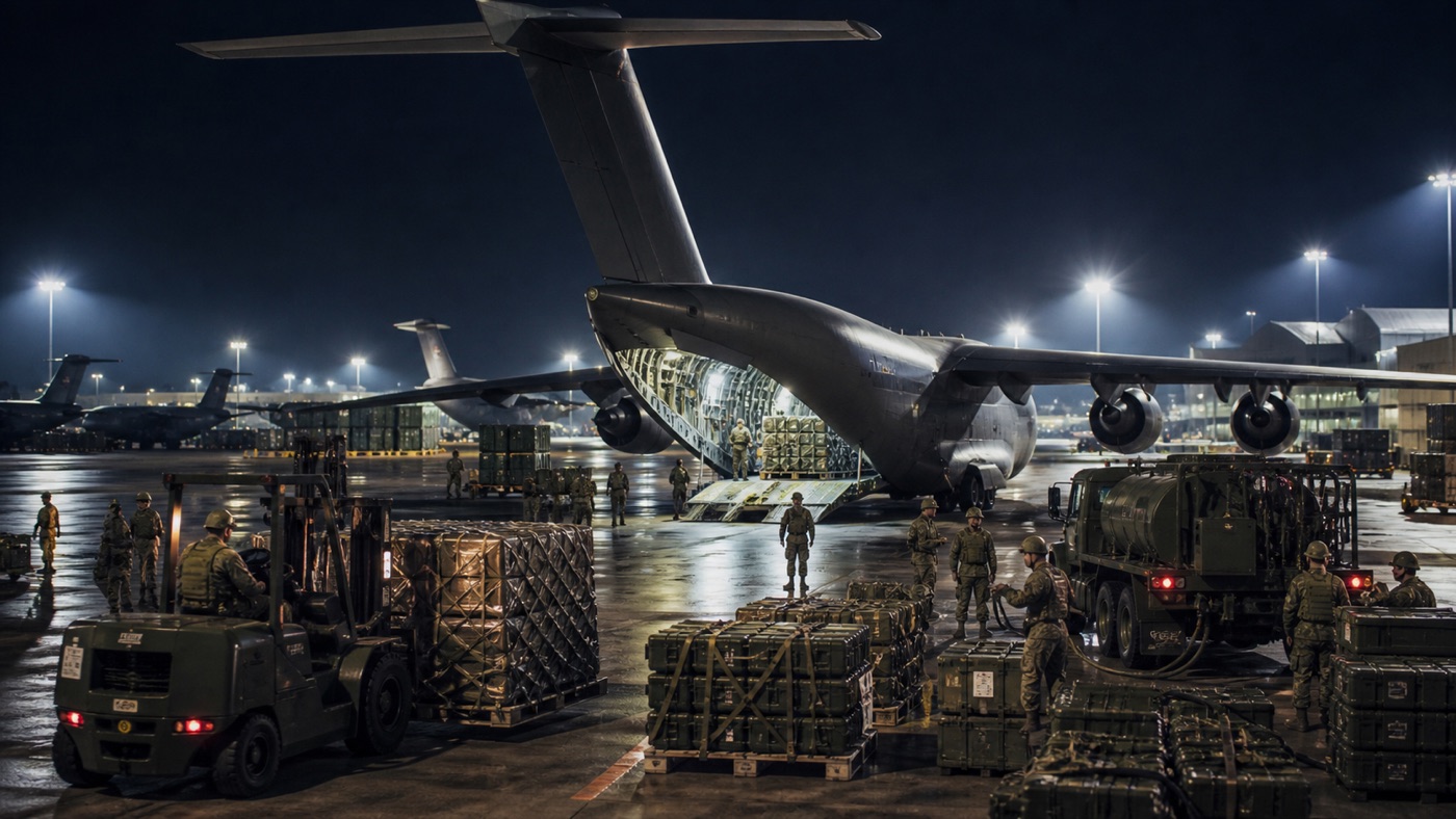 Cargo aircraft being loaded at a military airbase at night.