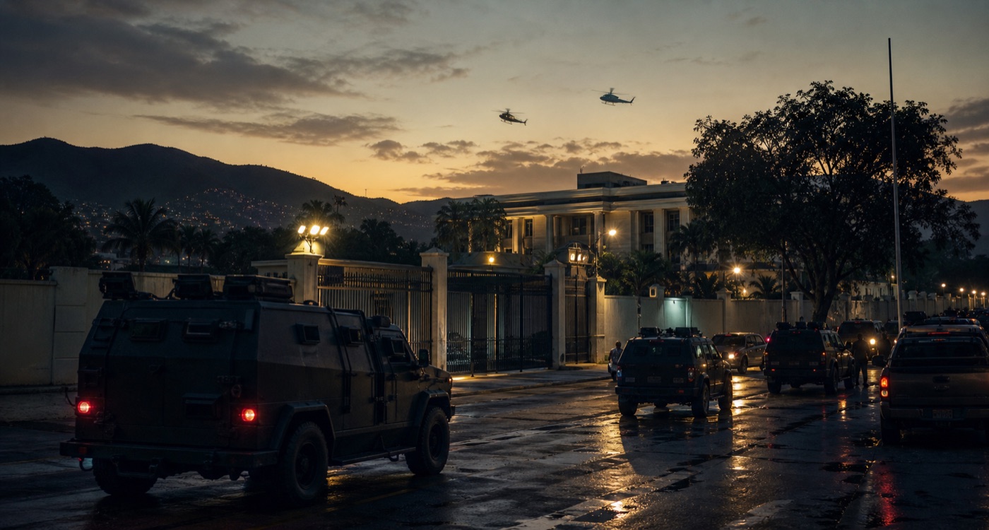 Armored vehicles near a fortified compound at dawn.