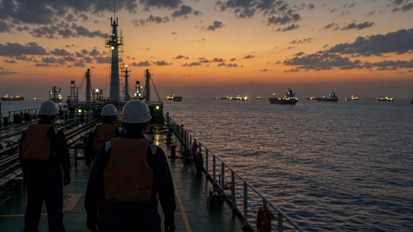 Tanker crew members seen from behind on deck at dusk.