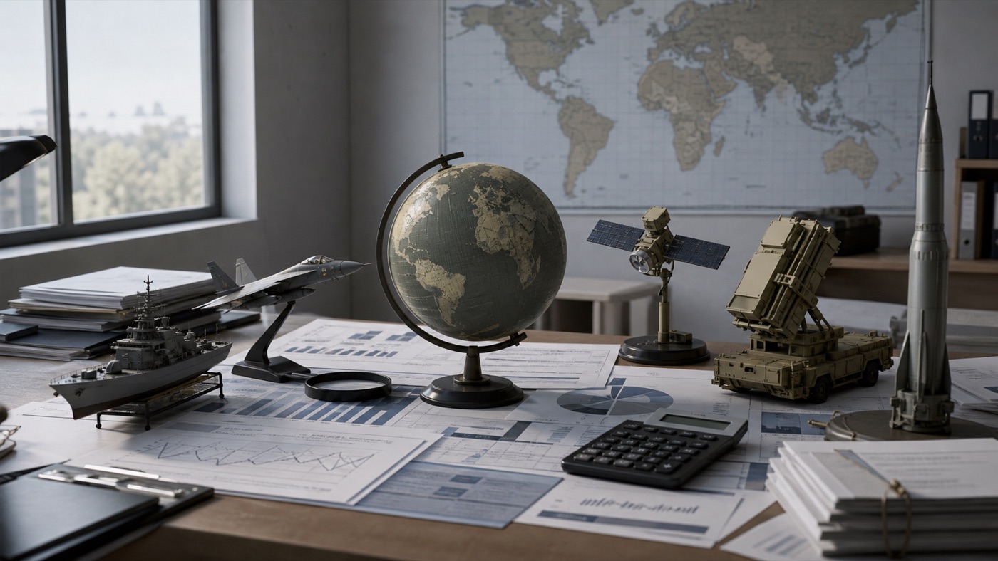 Defense-spending research desk with a world map, reports, and neutral equipment models.