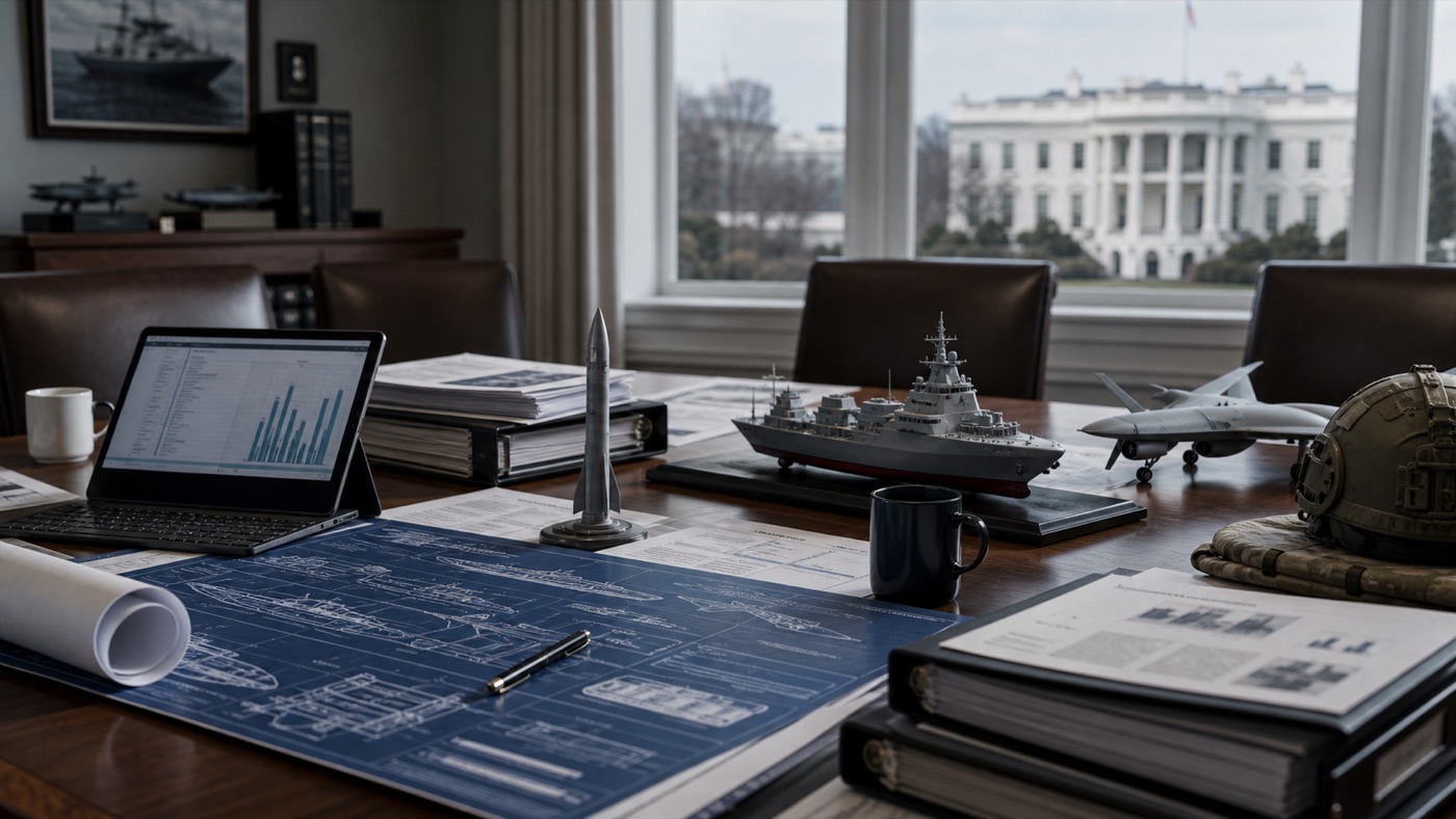 Government policy table with defense production blueprints, models, and binders.