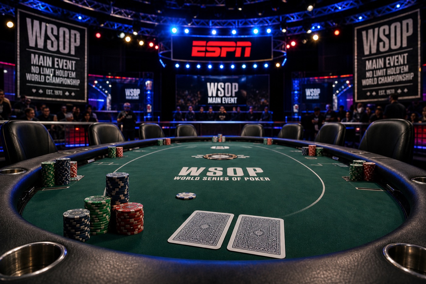 Image of an empty televised poker final table under blue broadcast lights with chips and face-down cards in the foreground