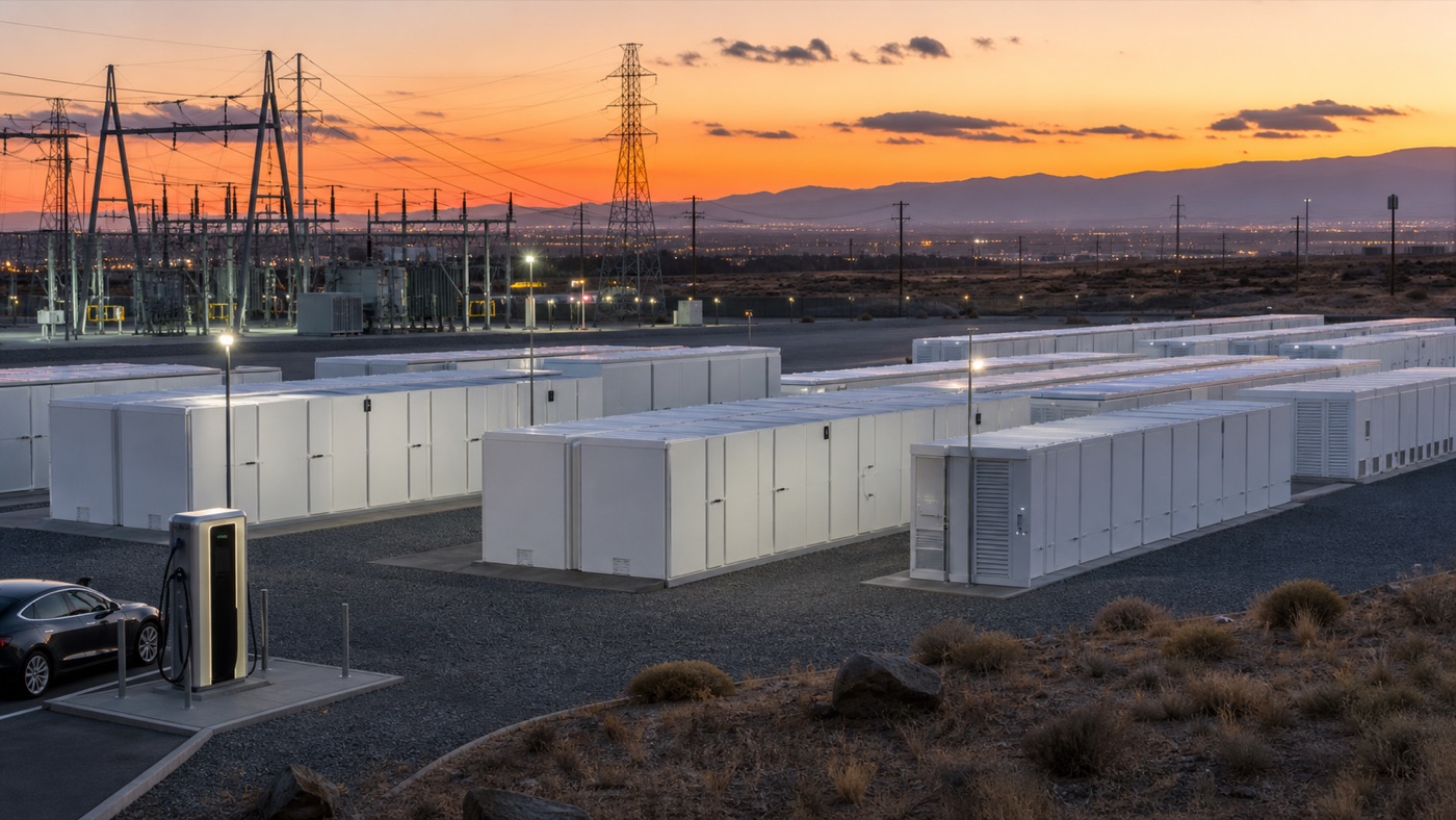 Image of a grid-scale battery storage site under transmission lines at dusk