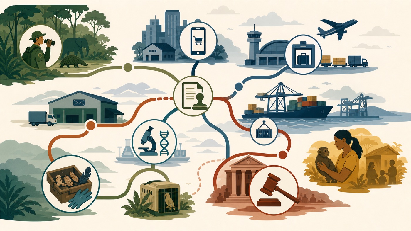 Flat editorial illustration of enforcement choke points across the wildlife trade