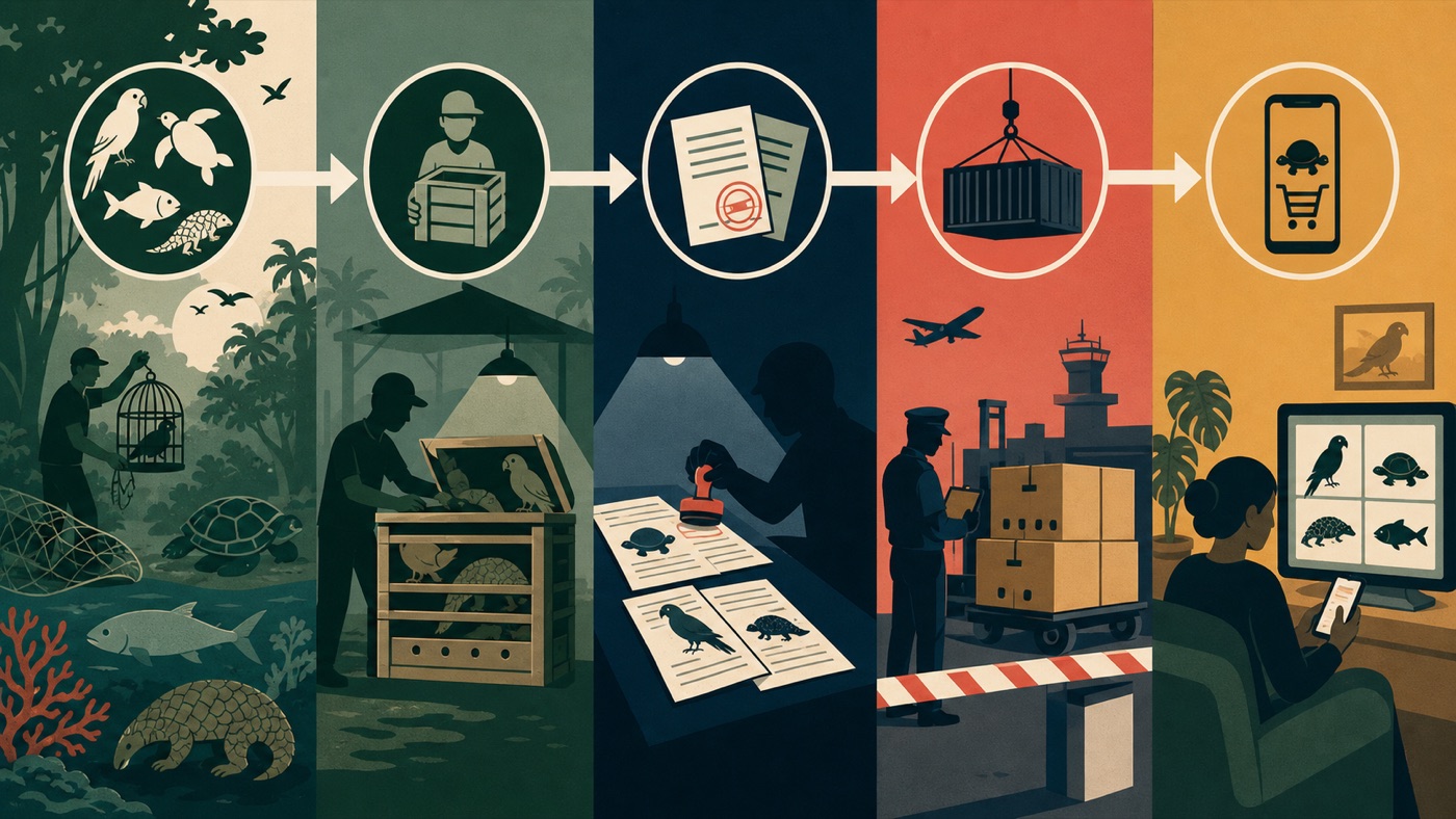 Flat editorial illustration of the wildlife trafficking supply chain