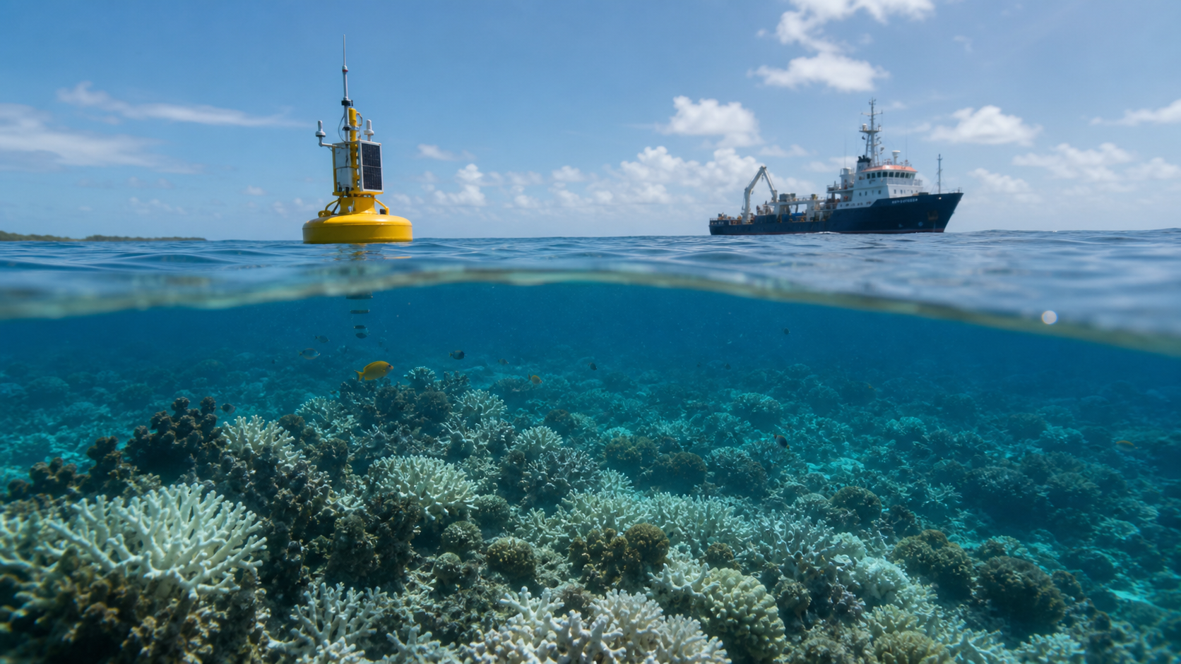 AI-generated photorealistic split-level ocean scene with a bleached coral reef below the surface and a research buoy and vessel above.
