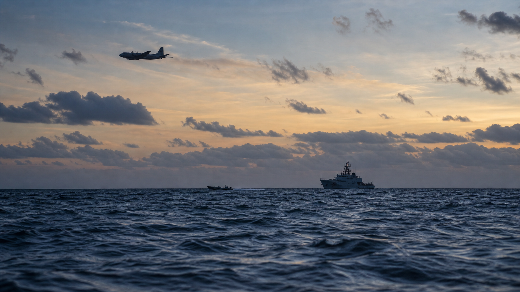 Maritime surveillance over a small boat at dawn.