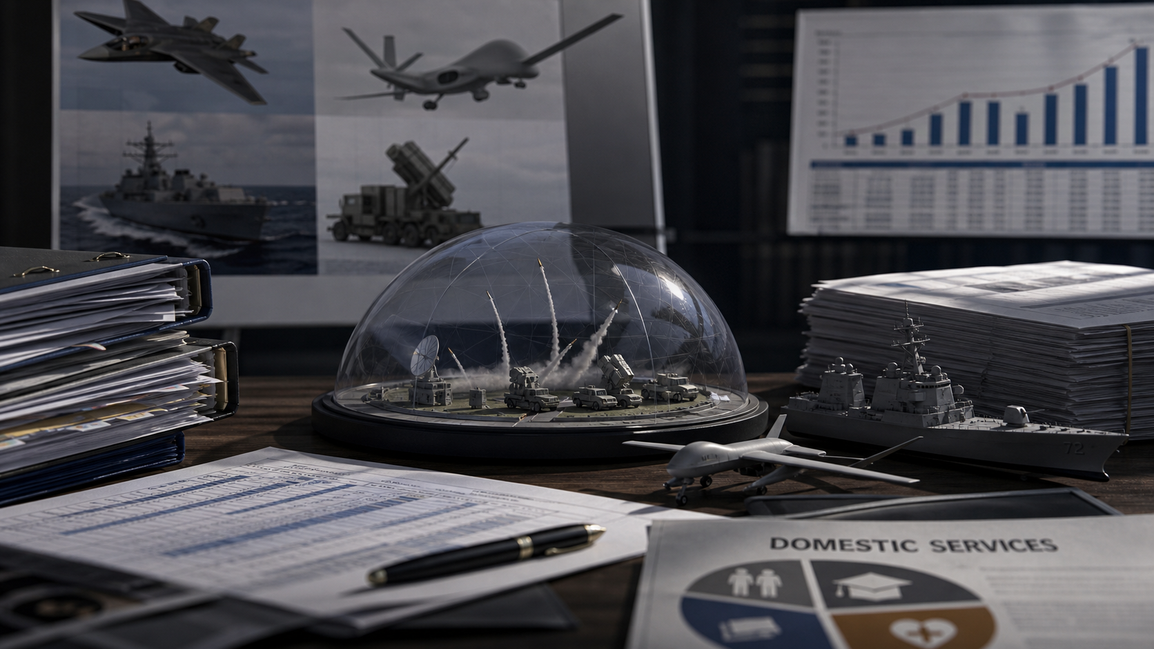 Defense budget binders, appropriations papers, and military system models on a table.