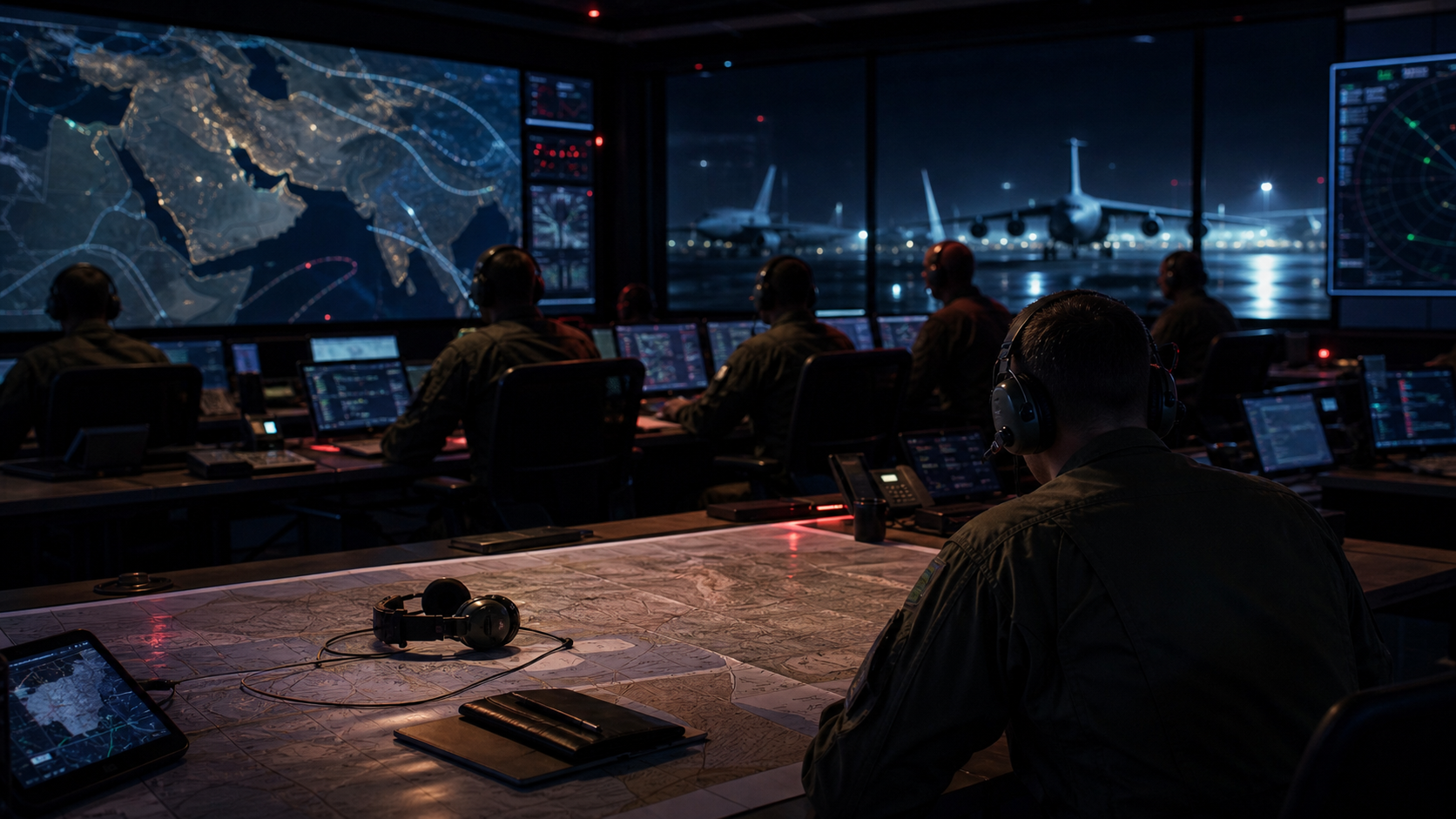 Nighttime military operations room with maps, operators, and aircraft silhouettes.