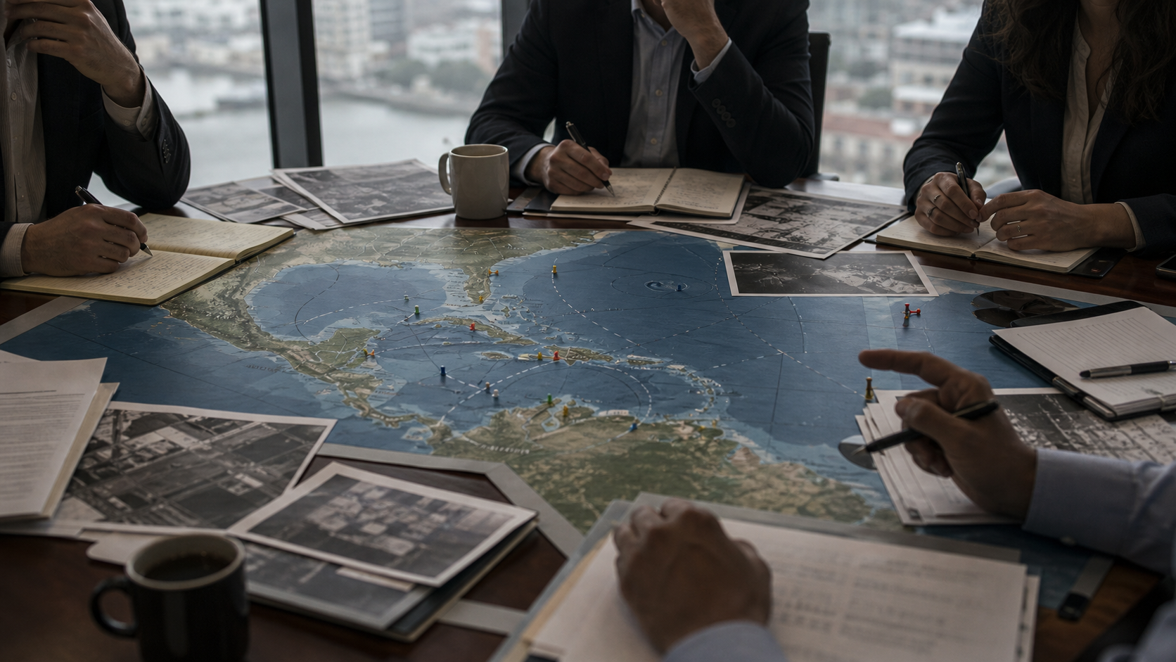 Foreign-policy conference table with a Caribbean map, route pins, and policy notes.