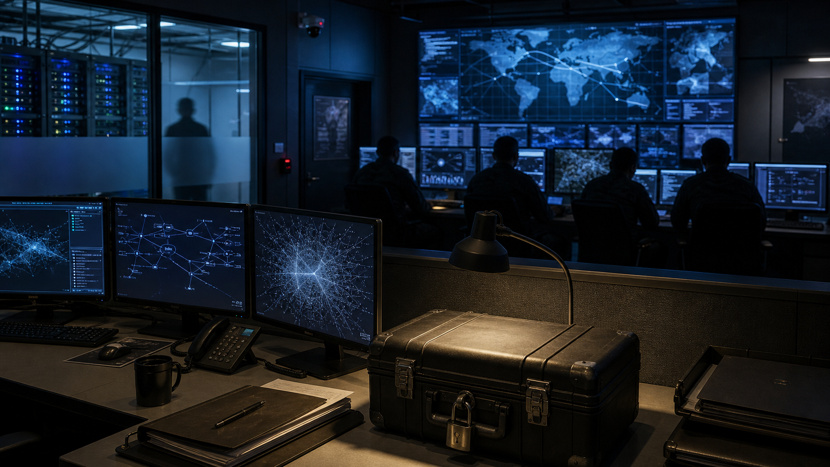 Secure military technology operations room with server racks, workstations, and abstract network displays.