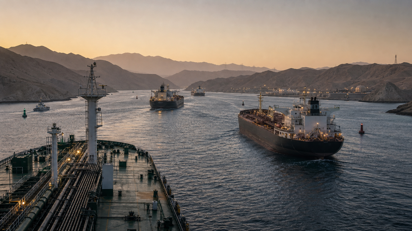 Oil tankers moving through a narrow strait at dawn.