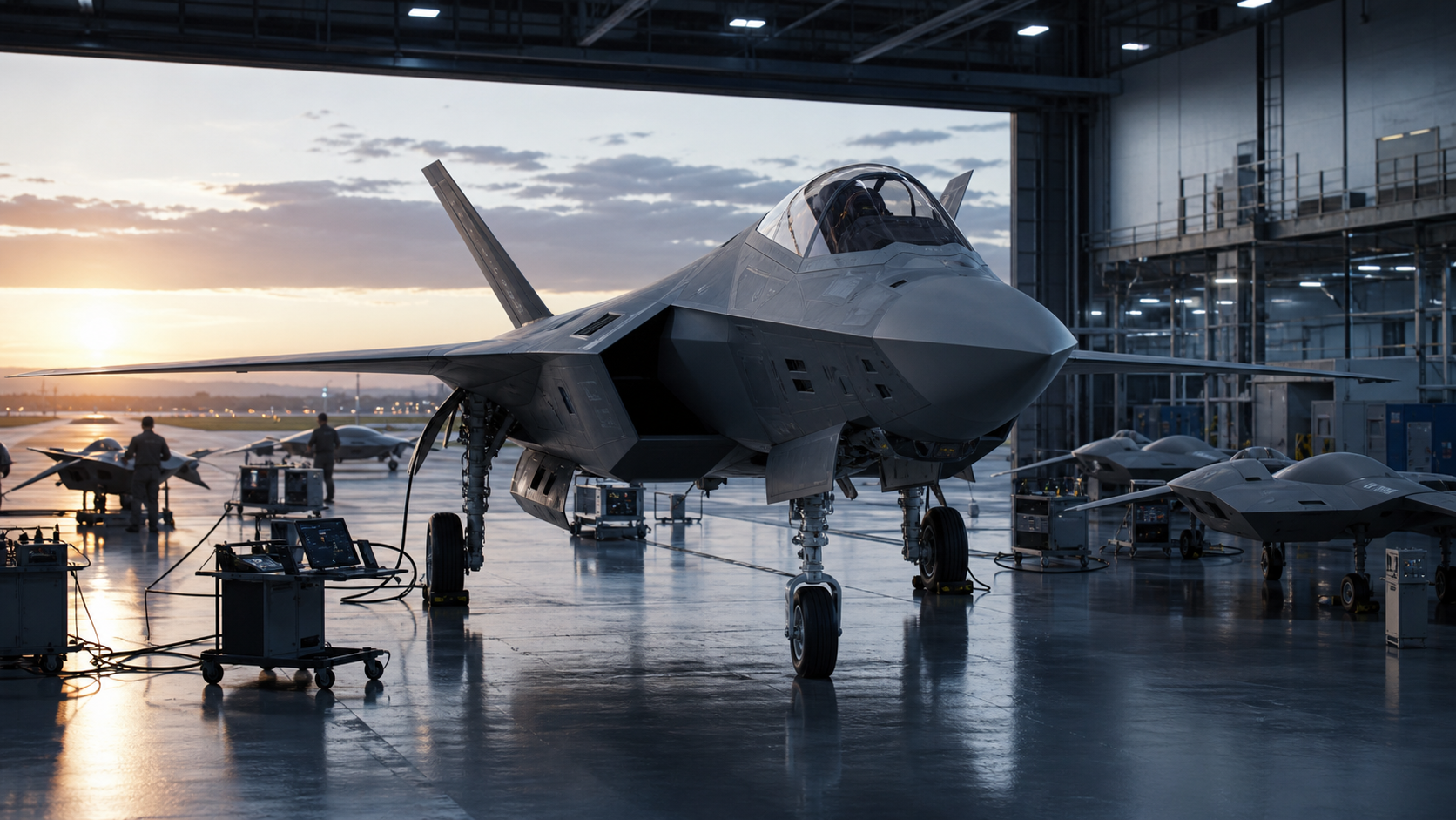 Advanced stealth aircraft prototype in a maintenance hangar.