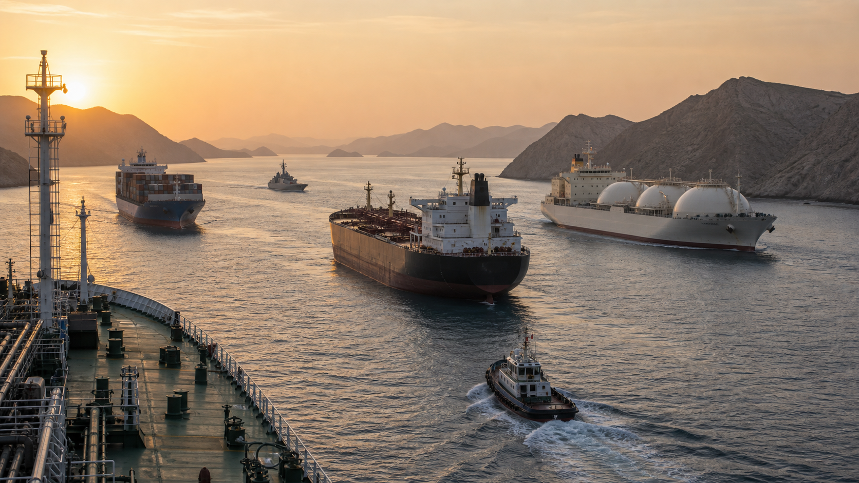 Different cargo, tanker, LNG, escort, and tug vessels moving through a narrow Gulf shipping lane at sunrise.