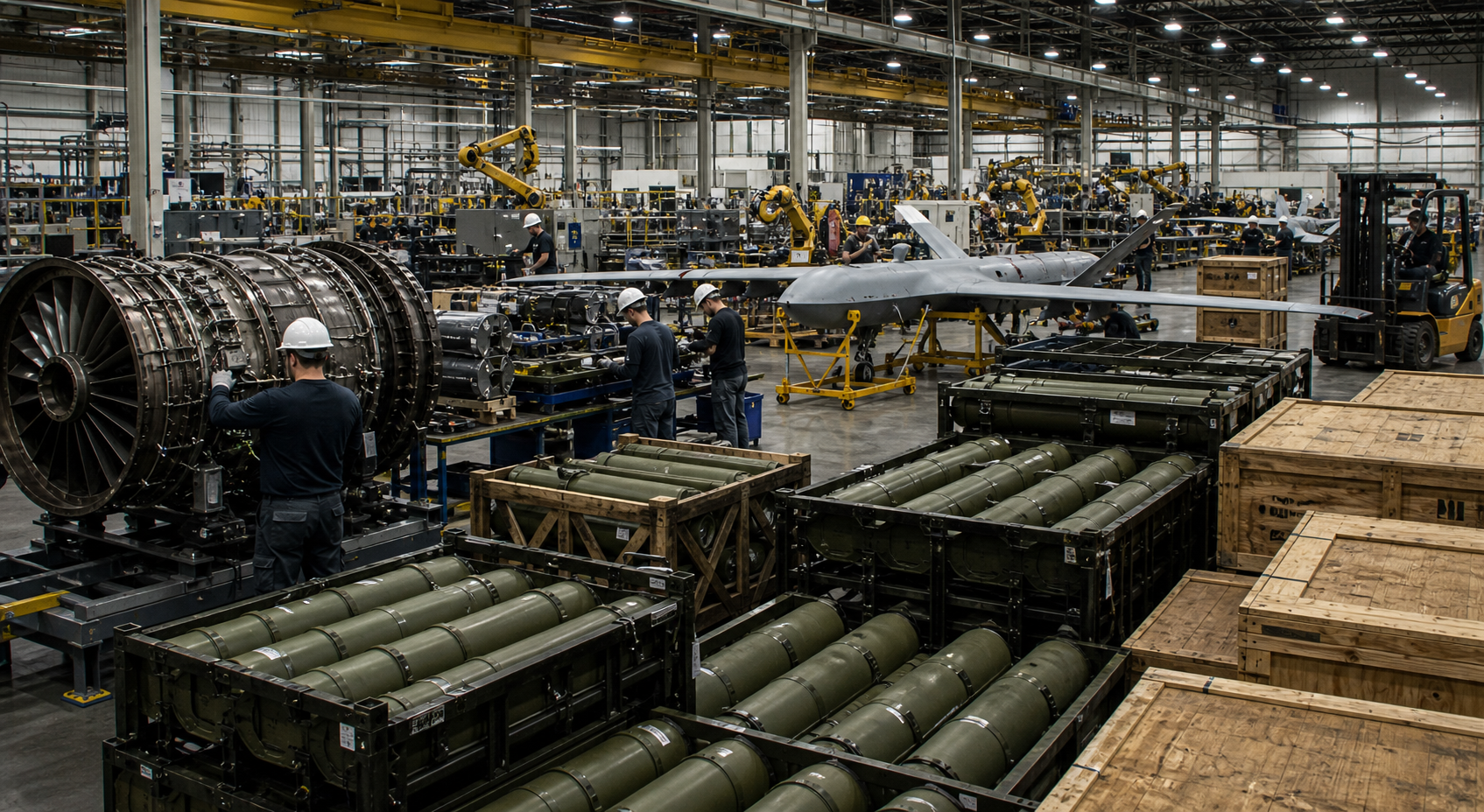 Defense manufacturing floor with drones, engine parts, and crates.