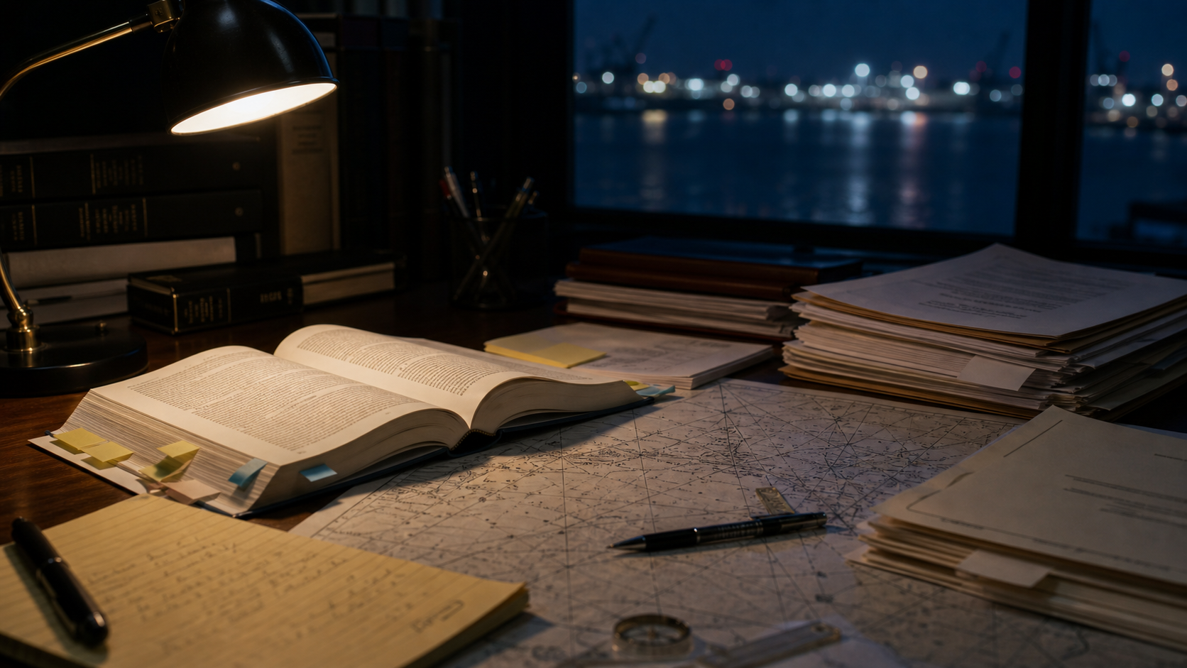Maritime law books, court filings, and a navigation chart on a legal research desk.