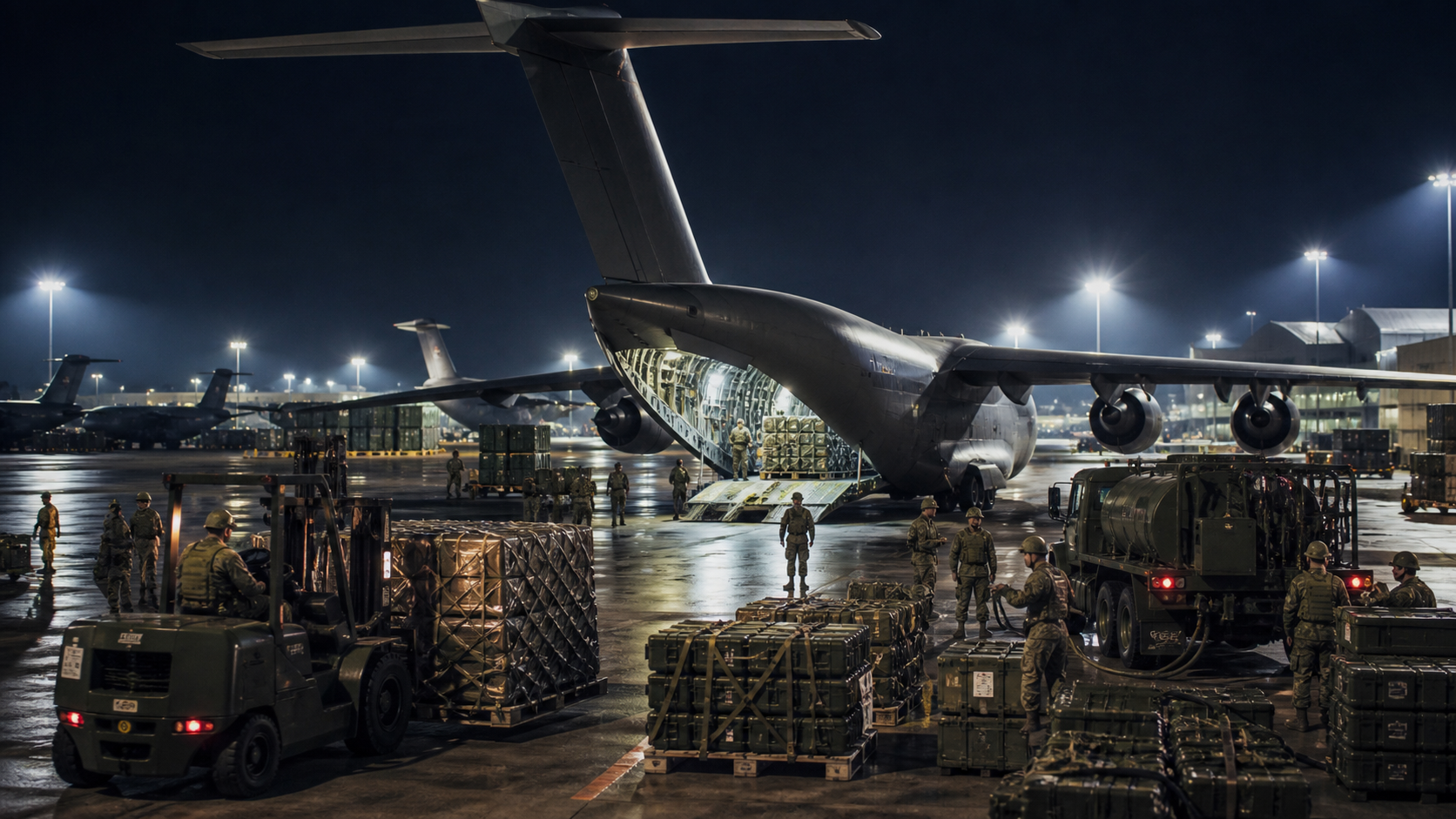 Cargo aircraft being loaded at a military airbase at night.