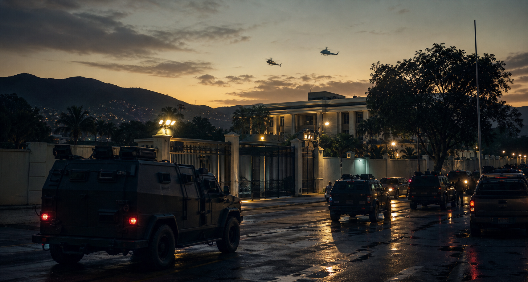 Armored vehicles near a fortified compound at dawn.