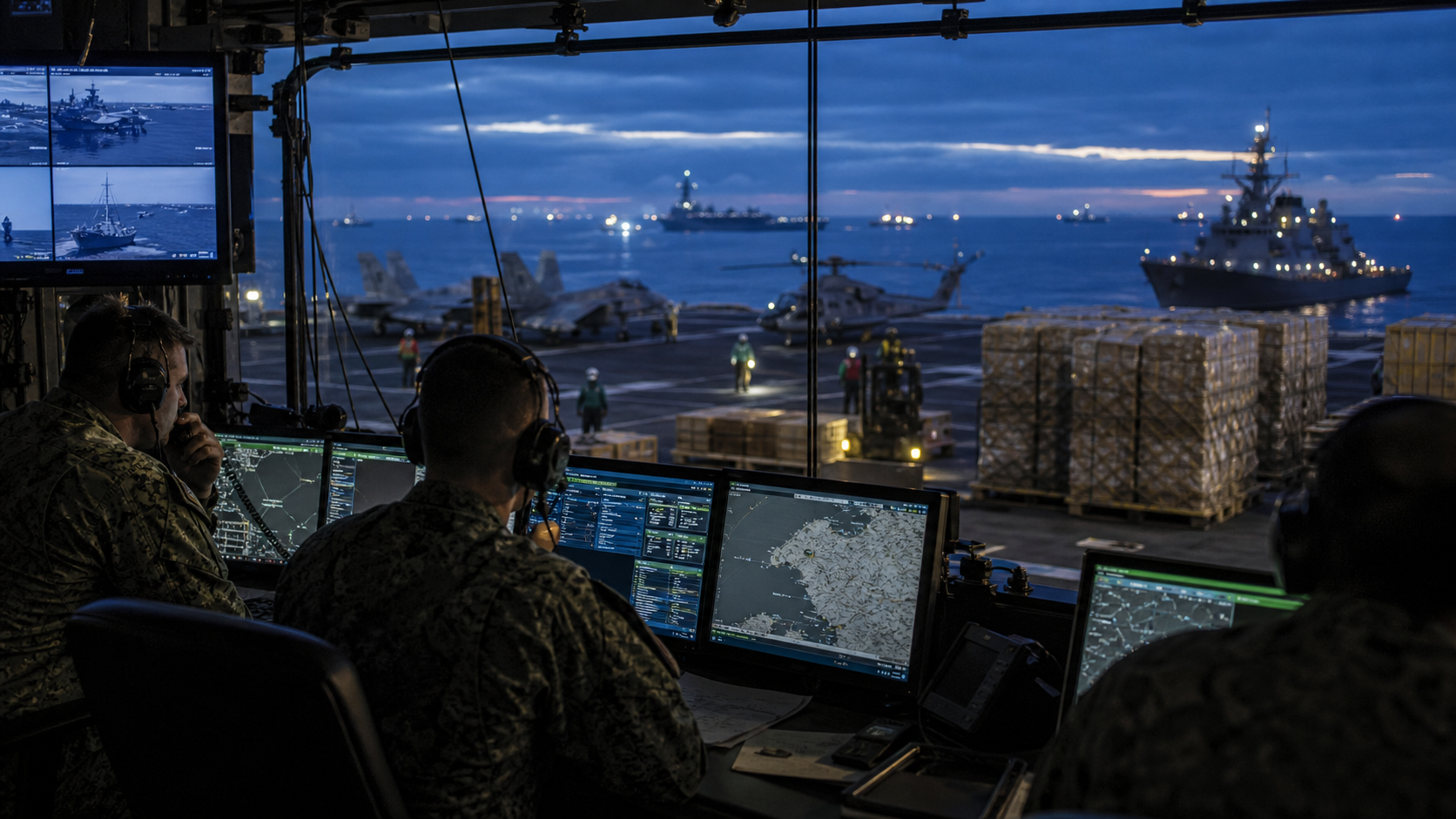 Military command and logistics center overlooking a carrier deck at blue hour.