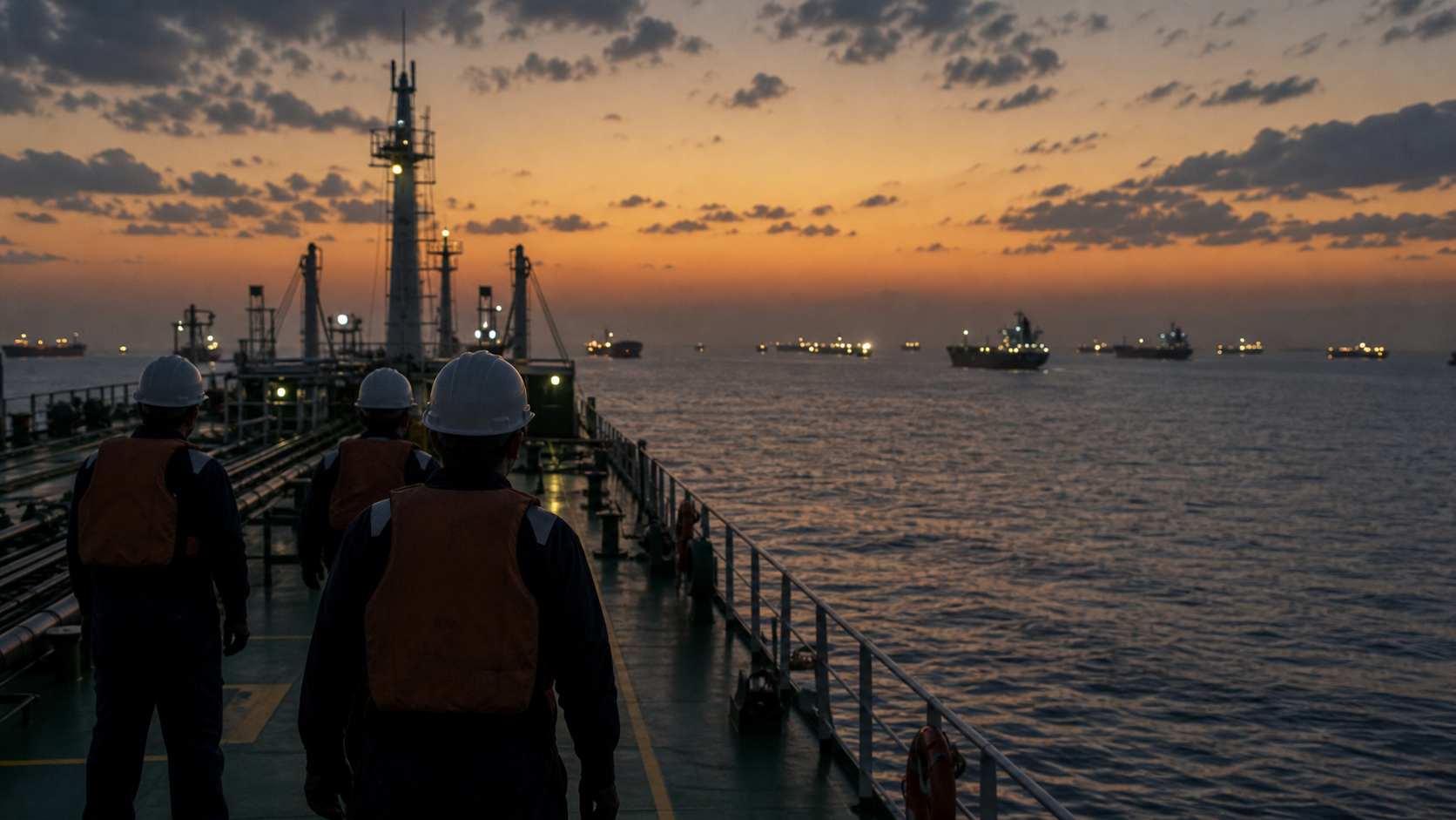 Tanker crew members seen from behind on deck at dusk.