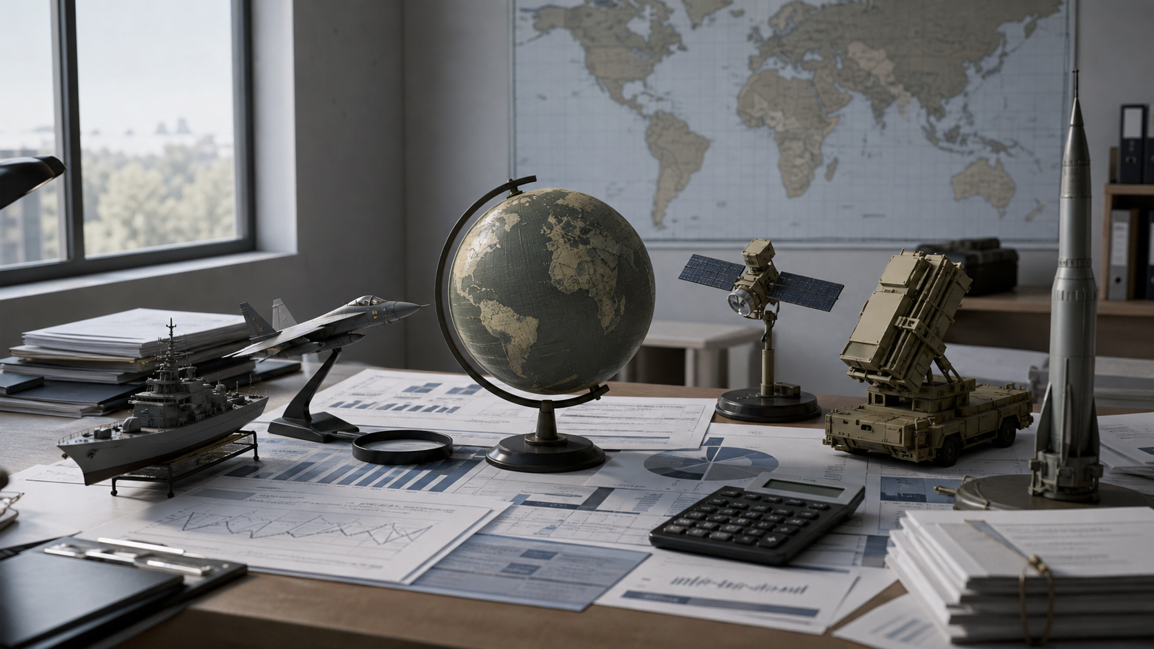Defense-spending research desk with a world map, reports, and neutral equipment models.