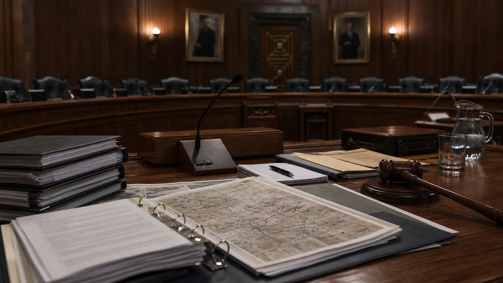 Empty congressional hearing room with legal binders, maps, and microphones.