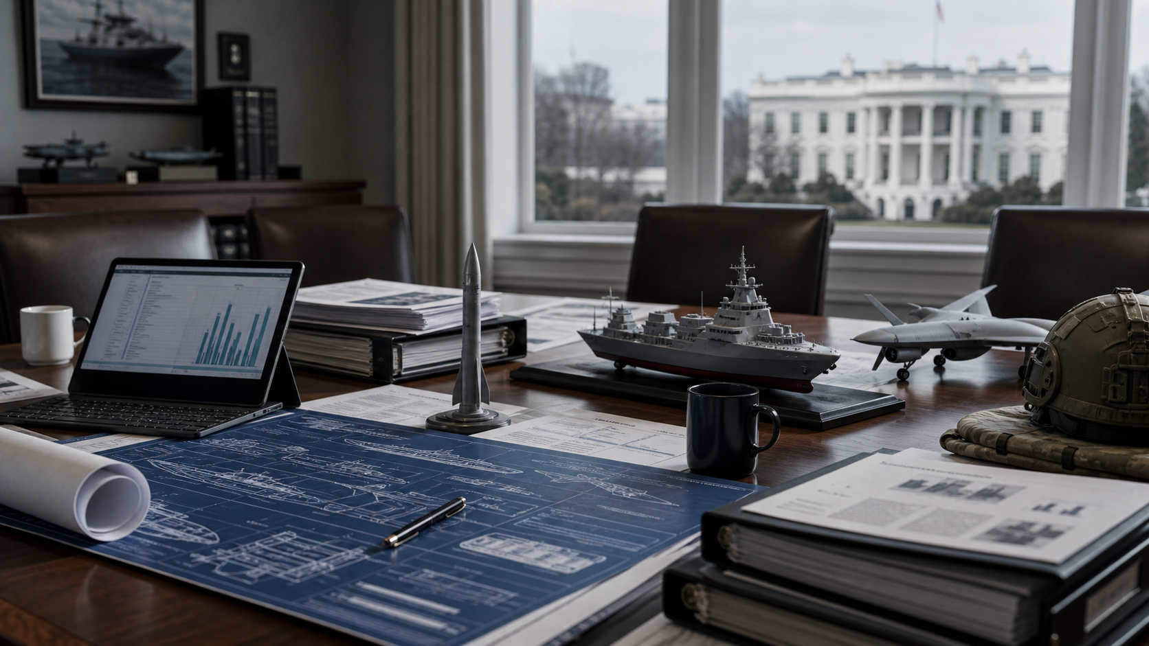 Government policy table with defense production blueprints, models, and binders.