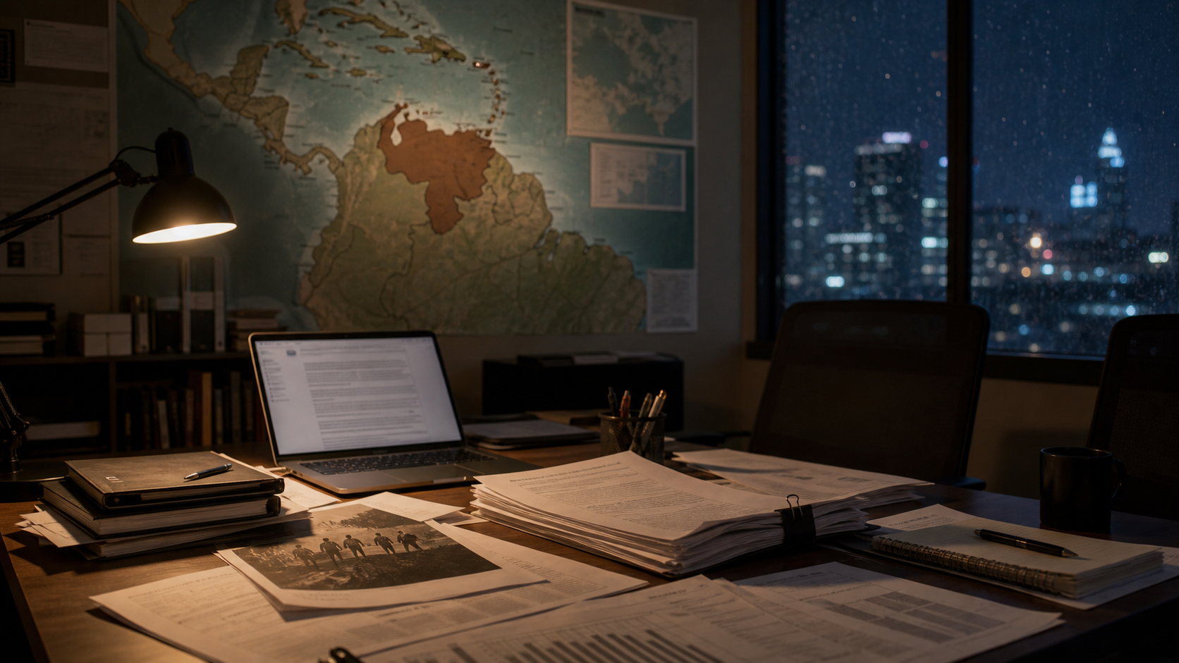 Human-rights policy office with a Latin America map and legal documents.