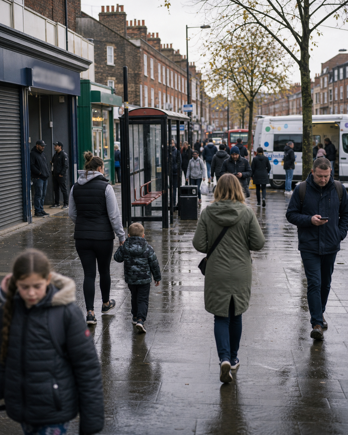 AI-generated editorial image: ordinary British street life carrying hidden pressure.
