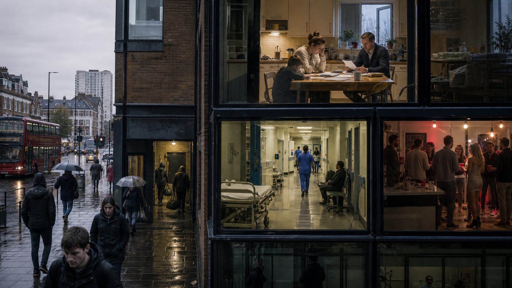 AI-generated editorial image: layered public-health, family and nightlife impact.