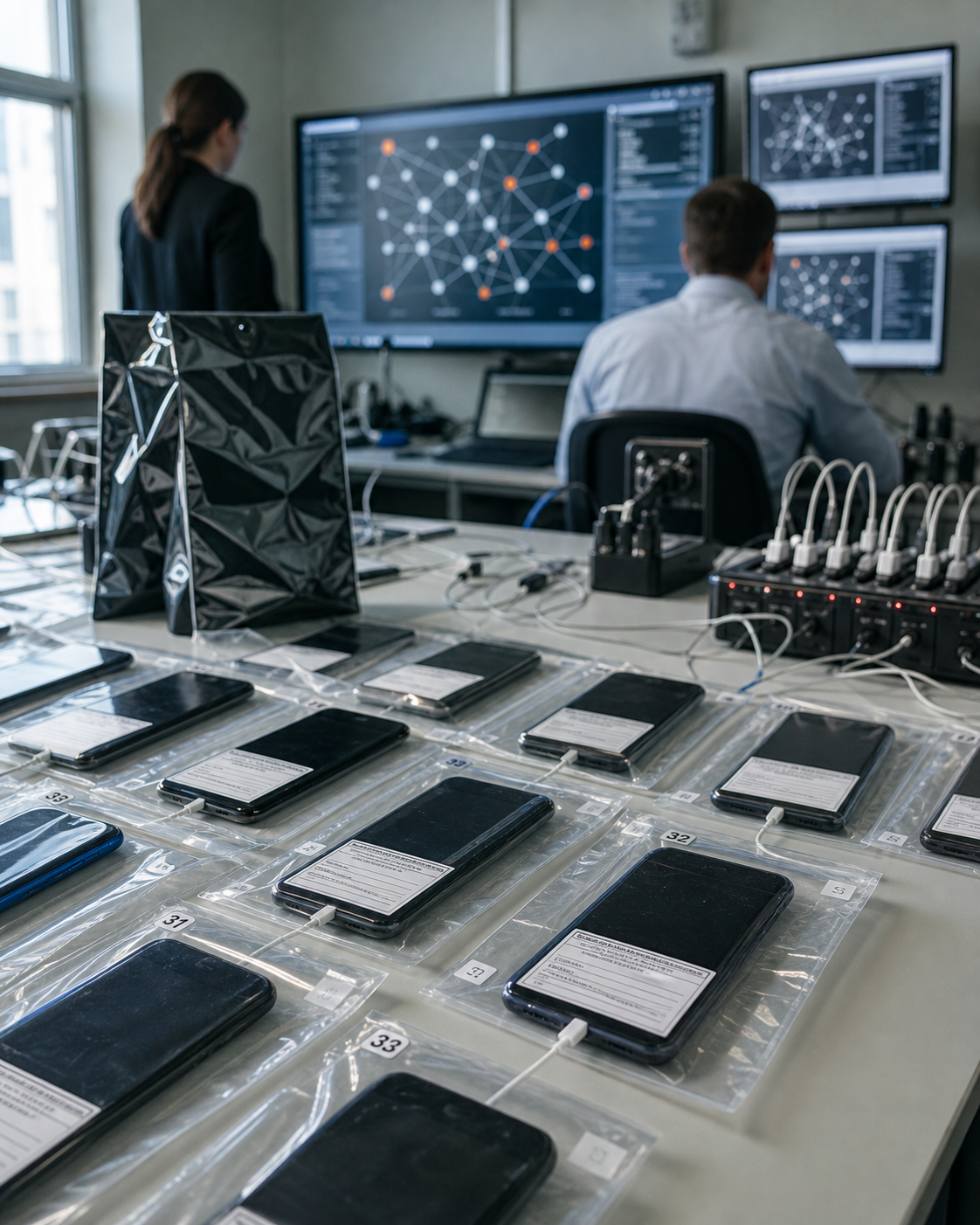 AI-generated editorial image: seized phones in a digital-forensics setting.