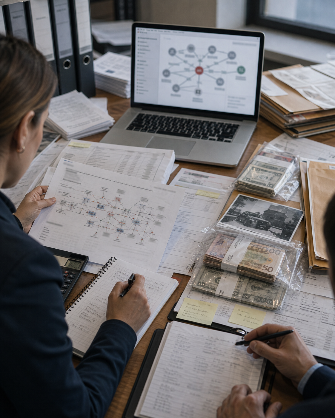 AI-generated editorial image: forensic accounting and anti-money-laundering review.