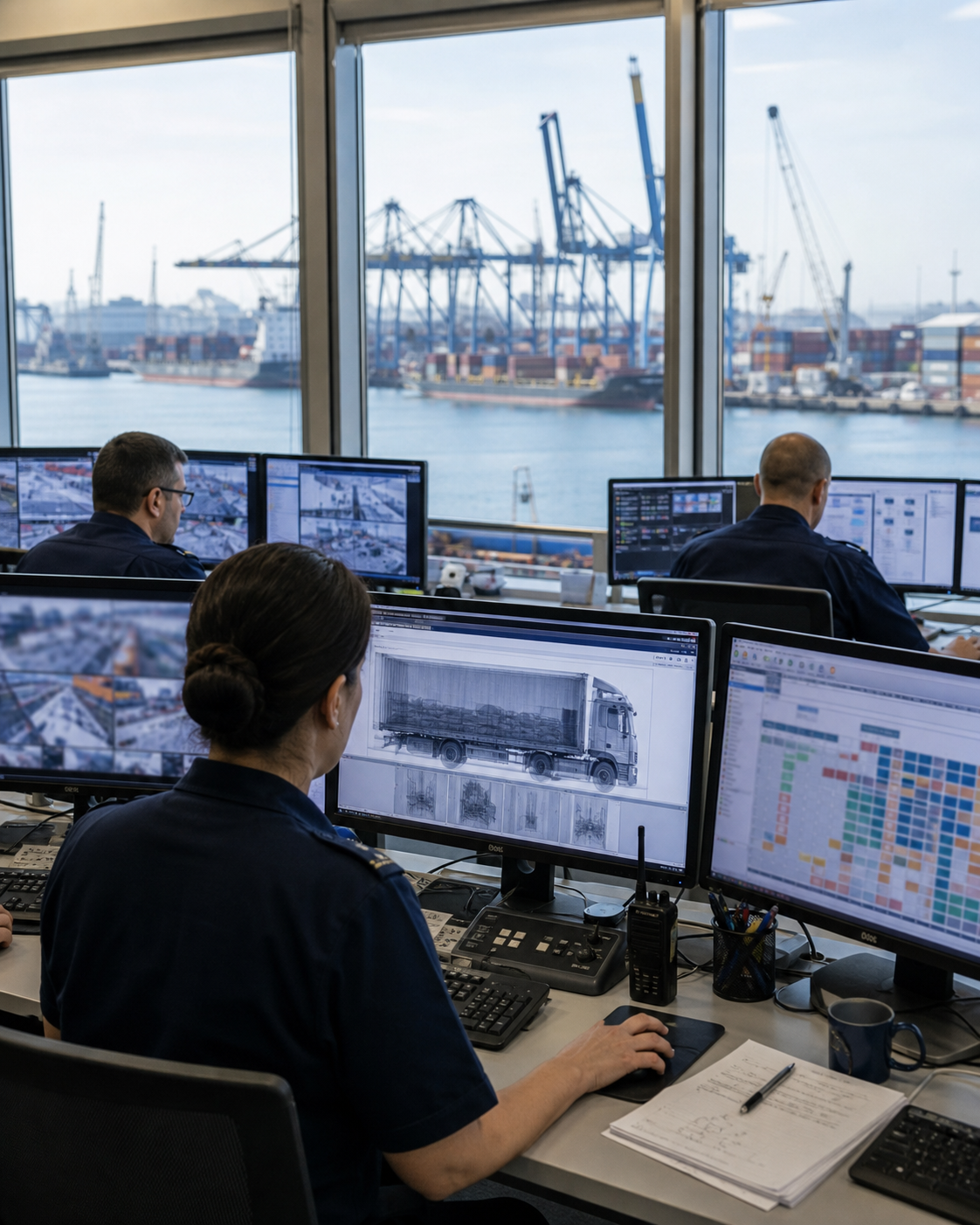 AI-generated editorial image: port-security analysts managing risk at scale.