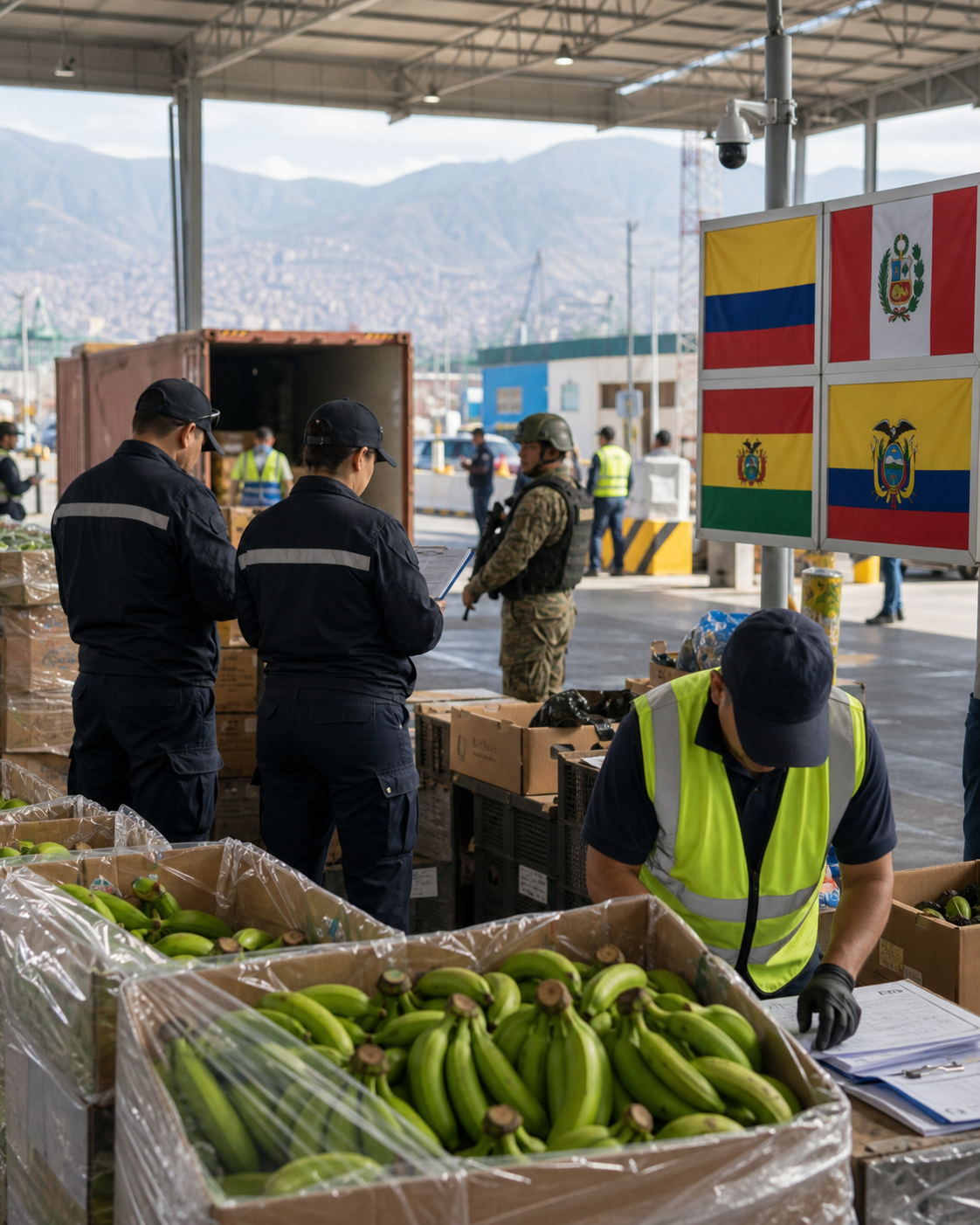 AI-generated editorial image: Latin American export checkpoint context.