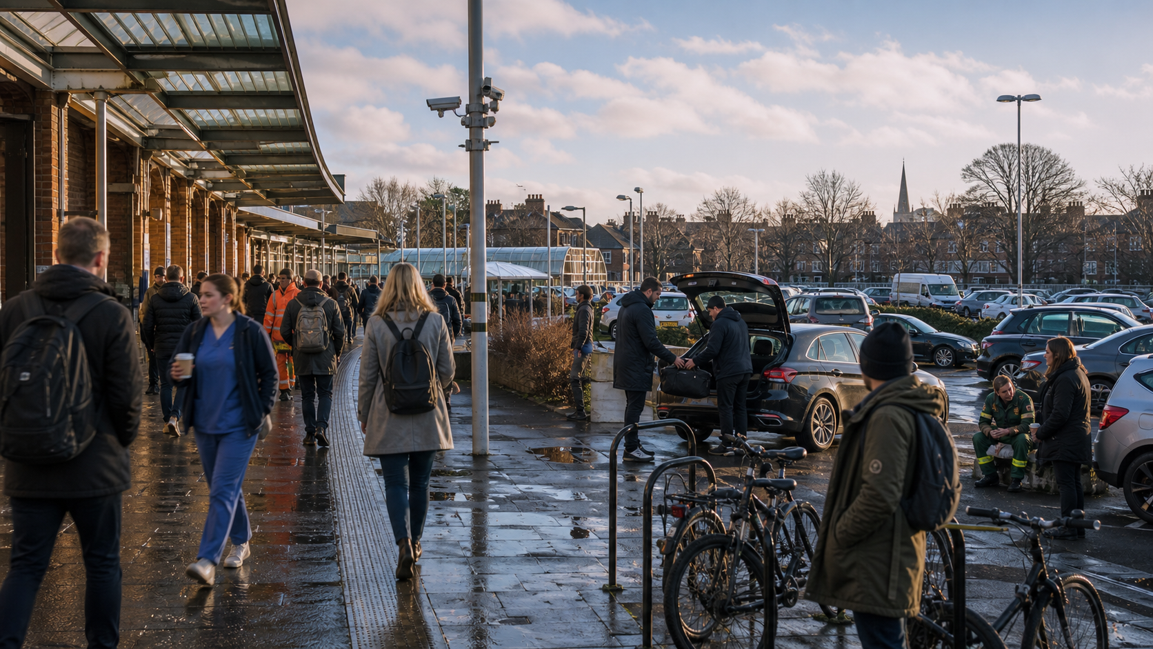AI-generated editorial image: transit, public life and hidden trafficking pressure.