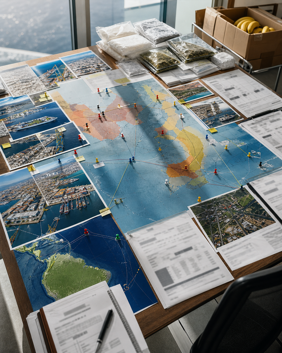 AI-generated editorial image: broad supply-chain analysis without operational route detail.