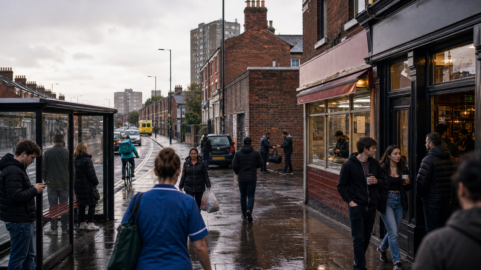 AI-generated editorial image: a British high street used to illustrate hidden market pressure.