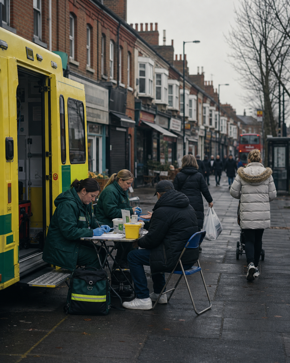 AI-generated editorial image: UK street-level public-health pressure.