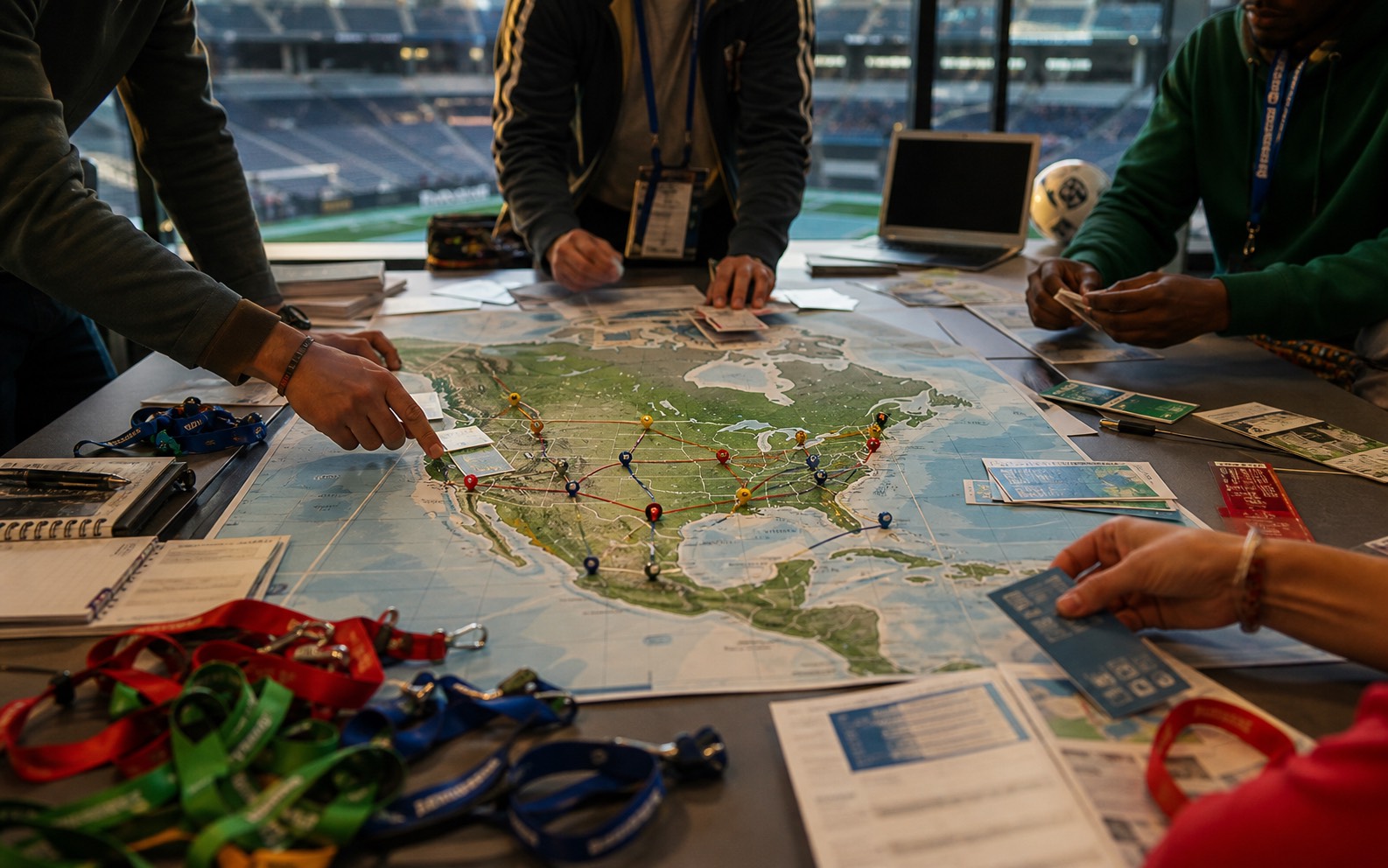 Tournament map: 104 matches, 16 host cities, three countries.